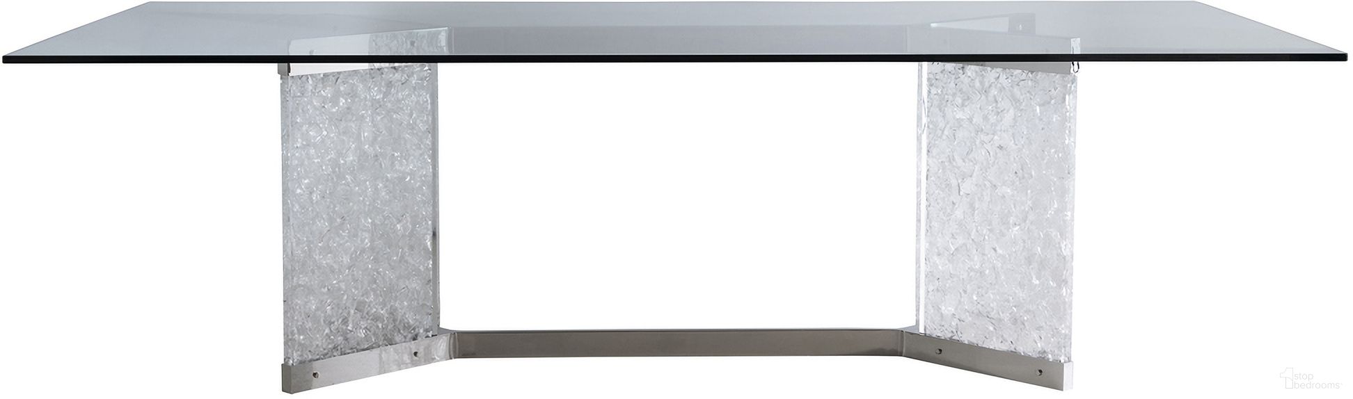 The appearance of Andorra Dining Table designed by Bernhardt in the transitional interior design. This stainless steel piece of furniture  was selected by 1StopBedrooms from Andorra Collection to add a touch of cosiness and style into your home. Sku: 328244;9981050. Table Base Style: Trestle. Material: Glass. Table Top Shape: Rectangular. Size: 50" x 100".