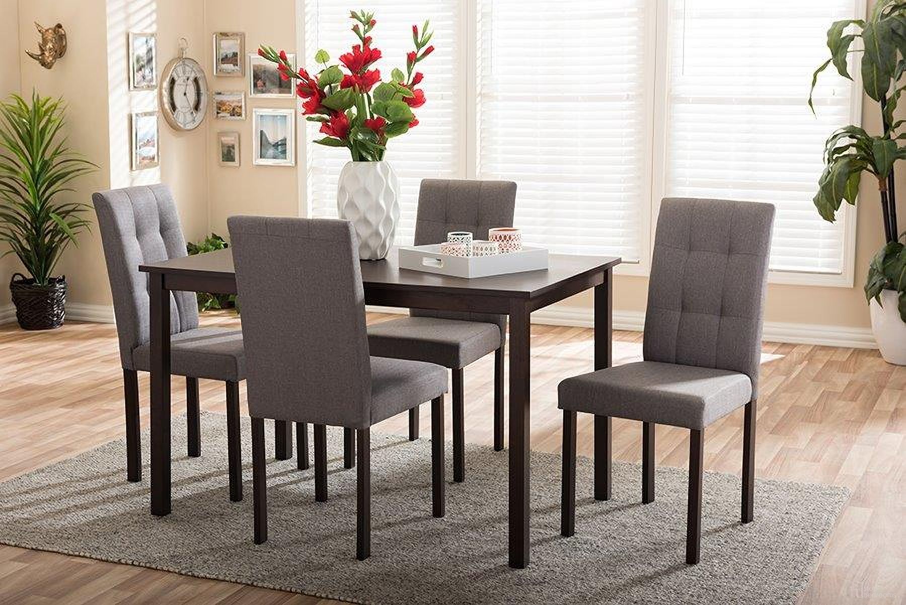 The appearance of Andrew Modern And Contemporary 5-Piece Grey Fabric Upholstered Grid-Tufting Dining Set designed by Baxton Studio in the modern / contemporary interior design. This dark brown piece of furniture  was selected by 1StopBedrooms from Andrew Collection to add a touch of cosiness and style into your home. Sku: Andrew 5PC Grey 9-Grids Dining Set. Material: Rubberwood.
