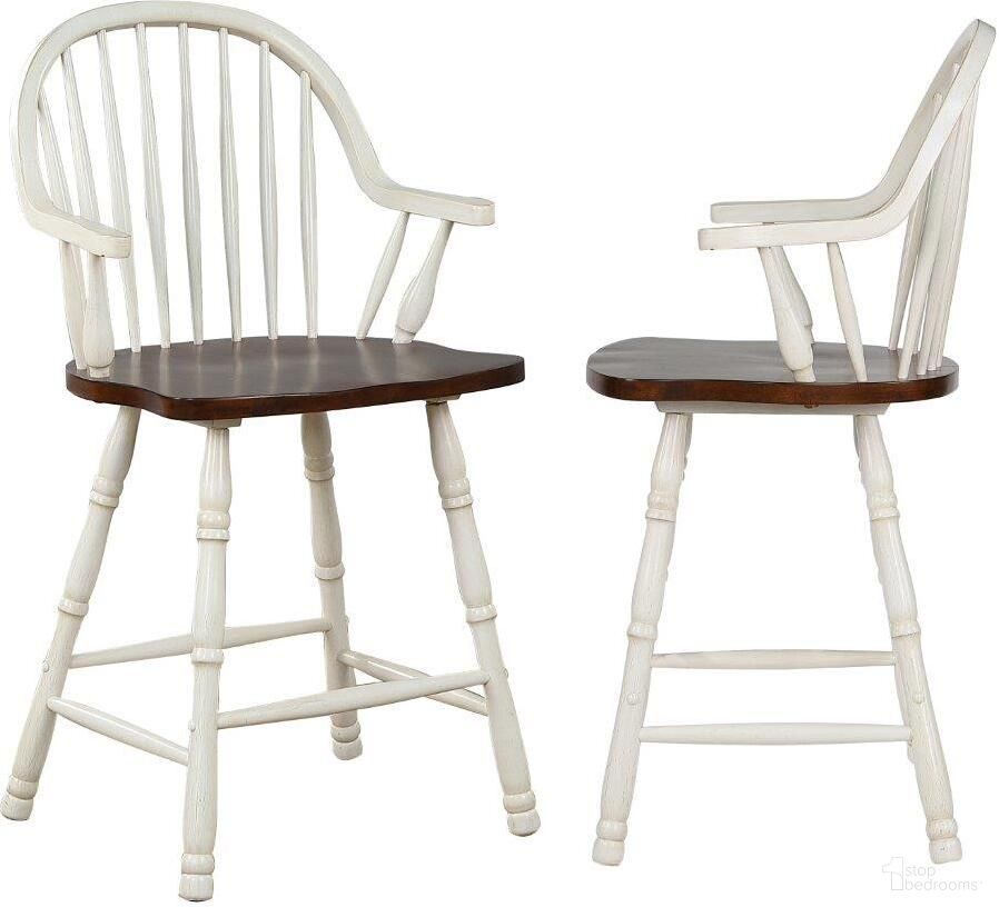 The appearance of Andrews 24 Inch Counter Height Windsor Antique White Arm Stool Set of 2 designed by Sunset Trading in the country / farmhouse interior design. This antique white piece of furniture was selected by 1StopBedrooms from Andrews Collection to add a touch of cosiness and style into your home. Sku: DLU-ADW-B3024A-AW-2. Material: Wood.