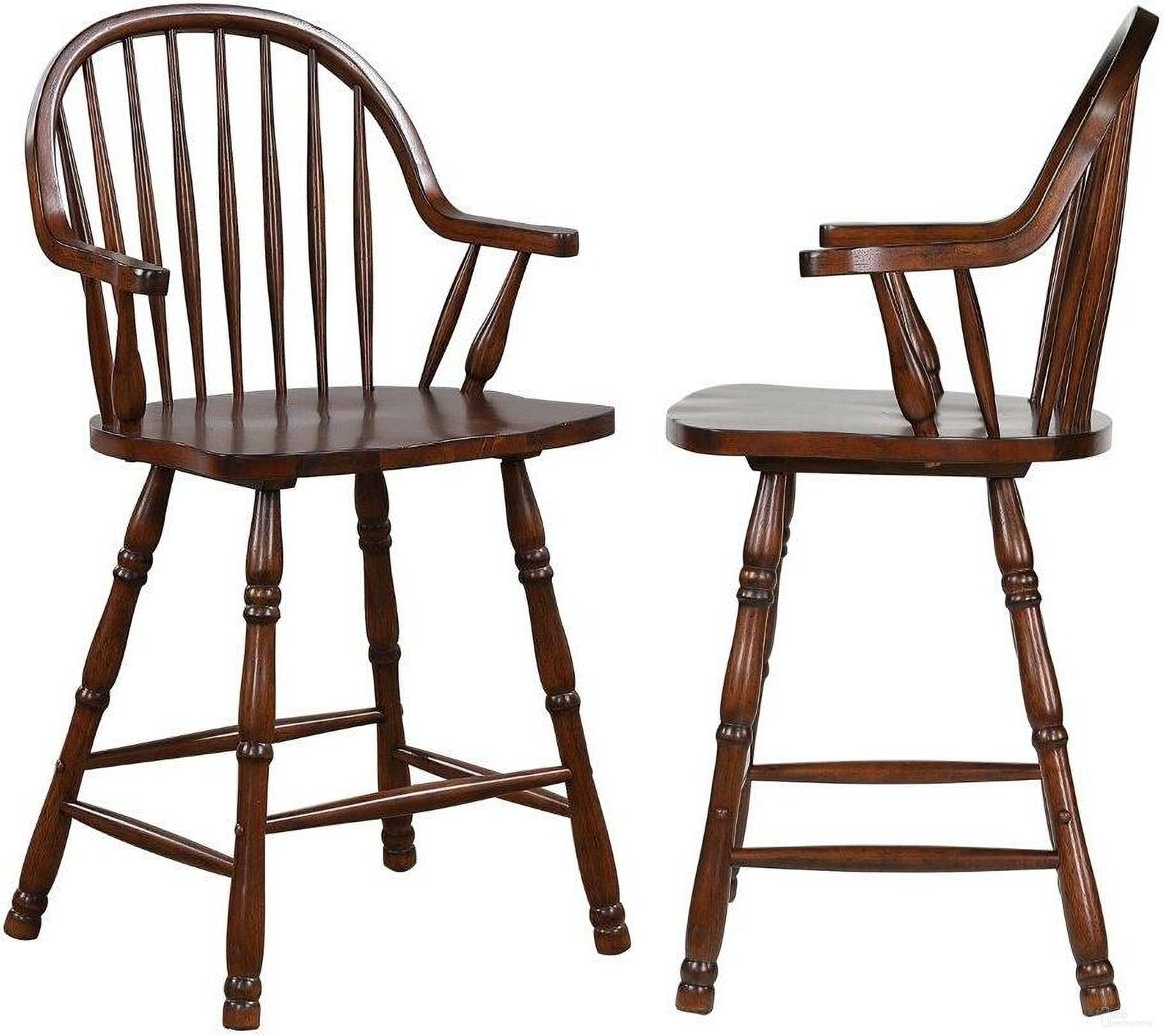 The appearance of Andrews 24 Inch Counter Height Windsor Chestnut Brown Arm Stool Set of 2 designed by Sunset Trading in the country / farmhouse interior design. This chestnut brown piece of furniture was selected by 1StopBedrooms from Andrews Collection to add a touch of cosiness and style into your home. Sku: DLU-ADW-B3024A-CT-2. Material: Wood.