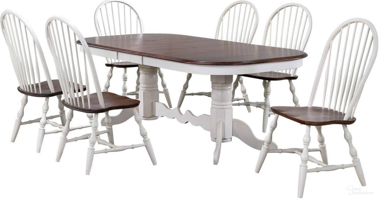 The appearance of Andrews Antique White and Chestnut Brown 7 Piece Double Pedestal Extendable Dining Set designed by Sunset Trading in the traditional interior design. This antique white and chestnut piece of furniture was selected by 1StopBedrooms from Andrews Collection to add a touch of cosiness and style into your home. Sku: DLU-ADW-TTB-4296-AW-T;DLU-ADW-TTB-4296-AW-B;DLU-C30-AW-2;DLU-C30-AW-2;DLU-C30-AW-2. Material: Wood.