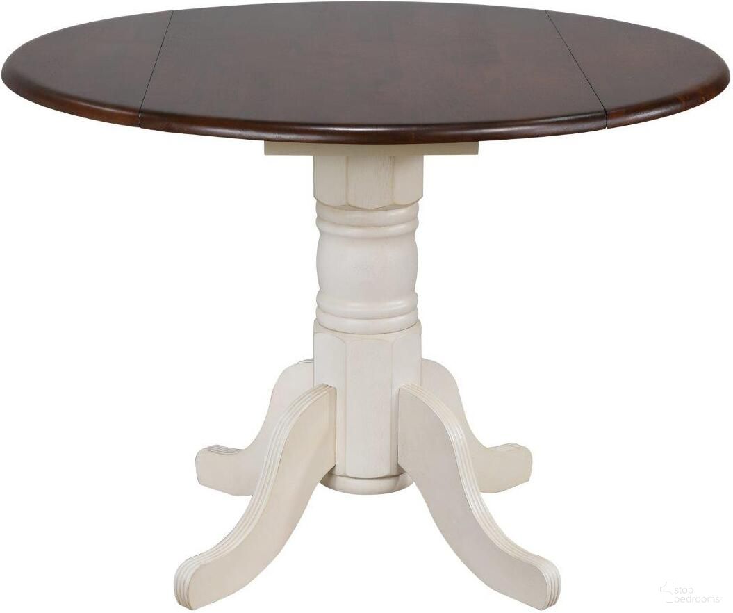 The appearance of Andrews Antique White with Chestnut Brown Top 42 Inch Round Drop Leaf Dining Table designed by Sunset Trading in the traditional interior design. This antique white and chestnut piece of furniture  was selected by 1StopBedrooms from Andrews Collection to add a touch of cosiness and style into your home. Sku: DLU-TPD-4242-CT-T;DLU-TPD-4242-AW-B. Table Base Style: Pedestal. Table Top Shape: Round. Material: Wood. Size: 42".