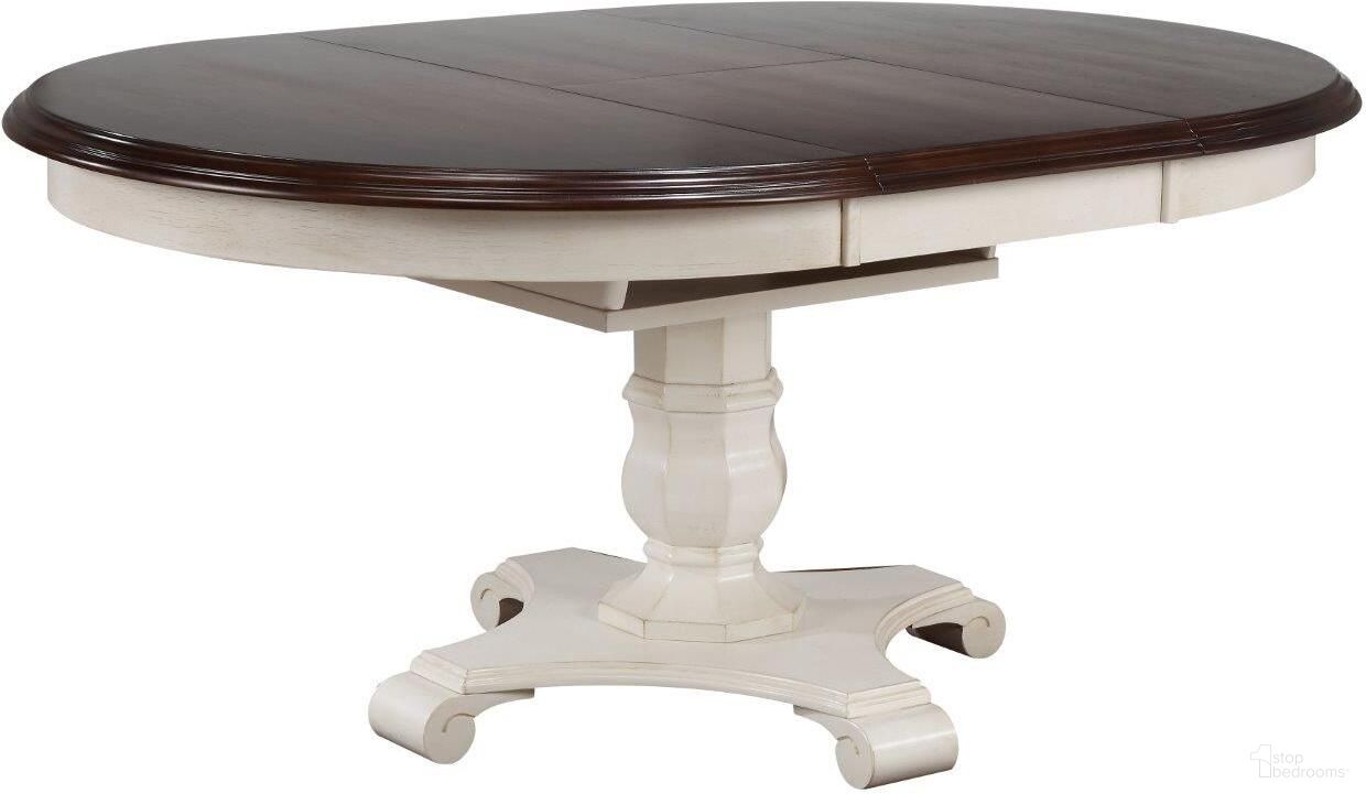 The appearance of Andrews Antique White with Chestnut Brown Top Butterfly Leaf Round Dining Table designed by Sunset Trading in the traditional interior design. This antique white and chestnut piece of furniture  was selected by 1StopBedrooms from Andrews Collection to add a touch of cosiness and style into your home. Sku: DLU-ADW-TPB-4866-AW-B-1;DLU-ADW-TPB-4866-AW-B-2;DLU-ADW-TPB-4866-AW-T. Table Base Style: Pedestal. Table Top Shape: Round. Material: Wood. Size: 66".
