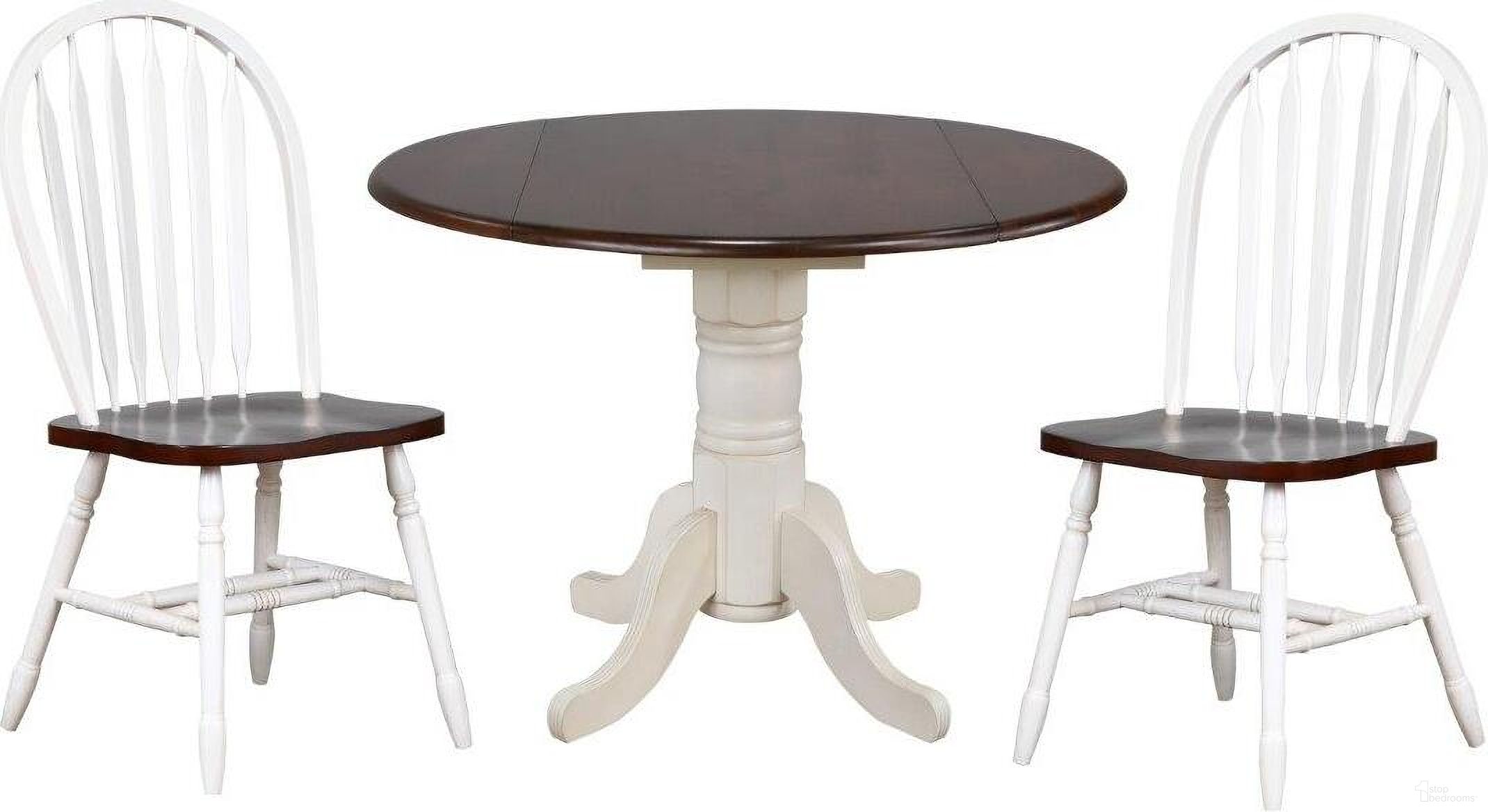 The appearance of Andrews Arrowback Chairs 3 Piece 42 Inch Round Drop Leaf Dining Set designed by Sunset Trading in the traditional interior design. This antique white and chestnut piece of furniture was selected by 1StopBedrooms from Andrews Collection to add a touch of cosiness and style into your home. Sku: DLU-TPD-4242-CT-T;DLU-TPD-4242-AW-B;DLU-820-AW. Material: Wood.