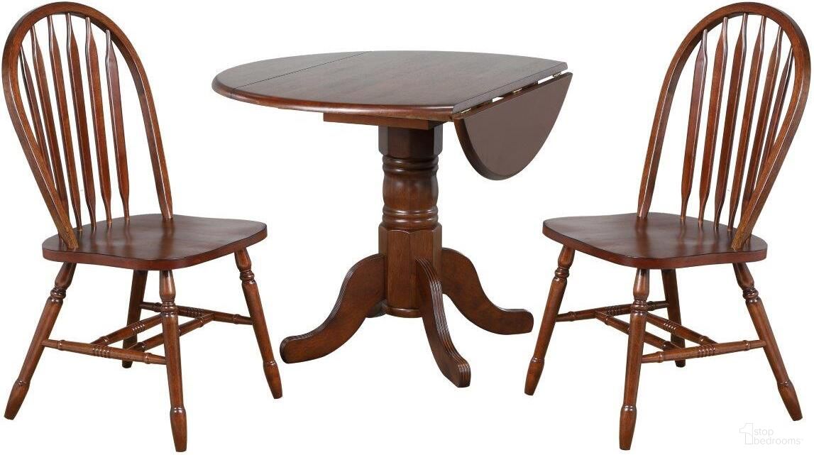 The appearance of Andrews Arrowback Chairs 3 Piece 42 Inch Round Drop Leaf Chestnut Brown Dining Set designed by Sunset Trading in the traditional interior design. This chestnut brown piece of furniture  was selected by 1StopBedrooms from Andrews Collection to add a touch of cosiness and style into your home. Sku: DLU-TPD-4242-CT-T;DLU-TPD-4242-CT-B;DLU-820-CT. Material: Wood.