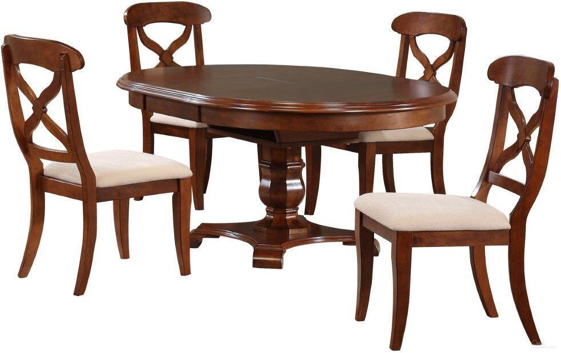The appearance of Andrews Chestnut Brown 5 Piece Butterfly Leaf Round Dining Set designed by Sunset Trading in the traditional interior design. This chestnut brown piece of furniture was selected by 1StopBedrooms from Andrews Collection to add a touch of cosiness and style into your home. Sku: DLU-ADW-TPB-4866-CT-B-1;DLU-ADW-TPB-4866-CT-B-2;DLU-ADW-TPB-4866-CT-T;DLU-ADW-C12-CT-2;DLU-ADW-C12-CT-2. Material: Wood.