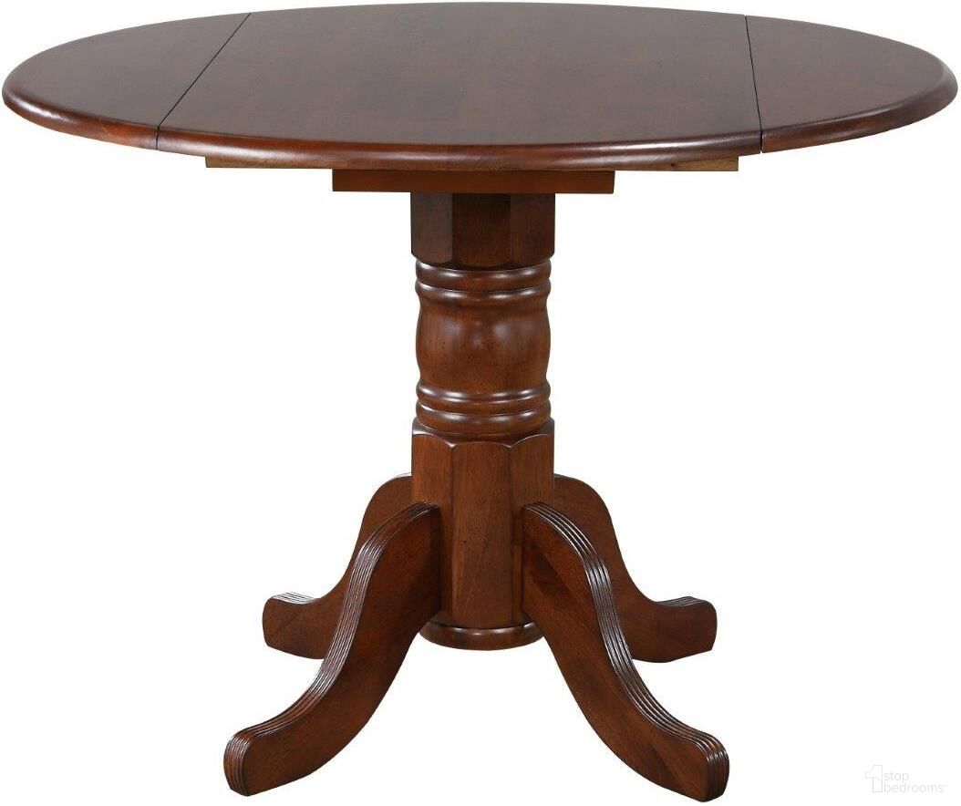The appearance of Andrews Chestnut Brown Round Drop Leaf Dining Table designed by Sunset Trading in the traditional interior design. This chestnut brown piece of furniture  was selected by 1StopBedrooms from Andrews Collection to add a touch of cosiness and style into your home. Sku: DLU-TPD-4242-CT-T;DLU-TPD-4242-CT-B. Table Base Style: Pedestal. Table Top Shape: Round. Material: Wood. Size: 42".