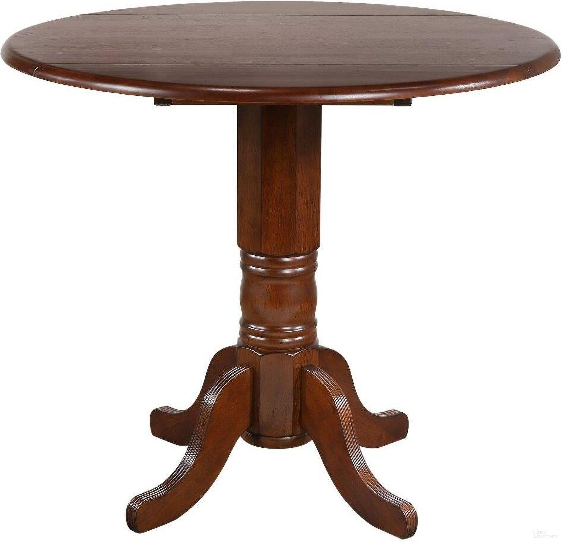 The appearance of Andrews Chestnut Brown Round Drop Leaf Pub Table designed by Sunset Trading in the traditional interior design. This chestnut brown piece of furniture was selected by 1StopBedrooms from Andrews Collection to add a touch of cosiness and style into your home. Sku: DLU-TPD-4242-CT-T;DLU-TPD-4242-CT-CB. Table Top Shape: Round. Material: Wood.