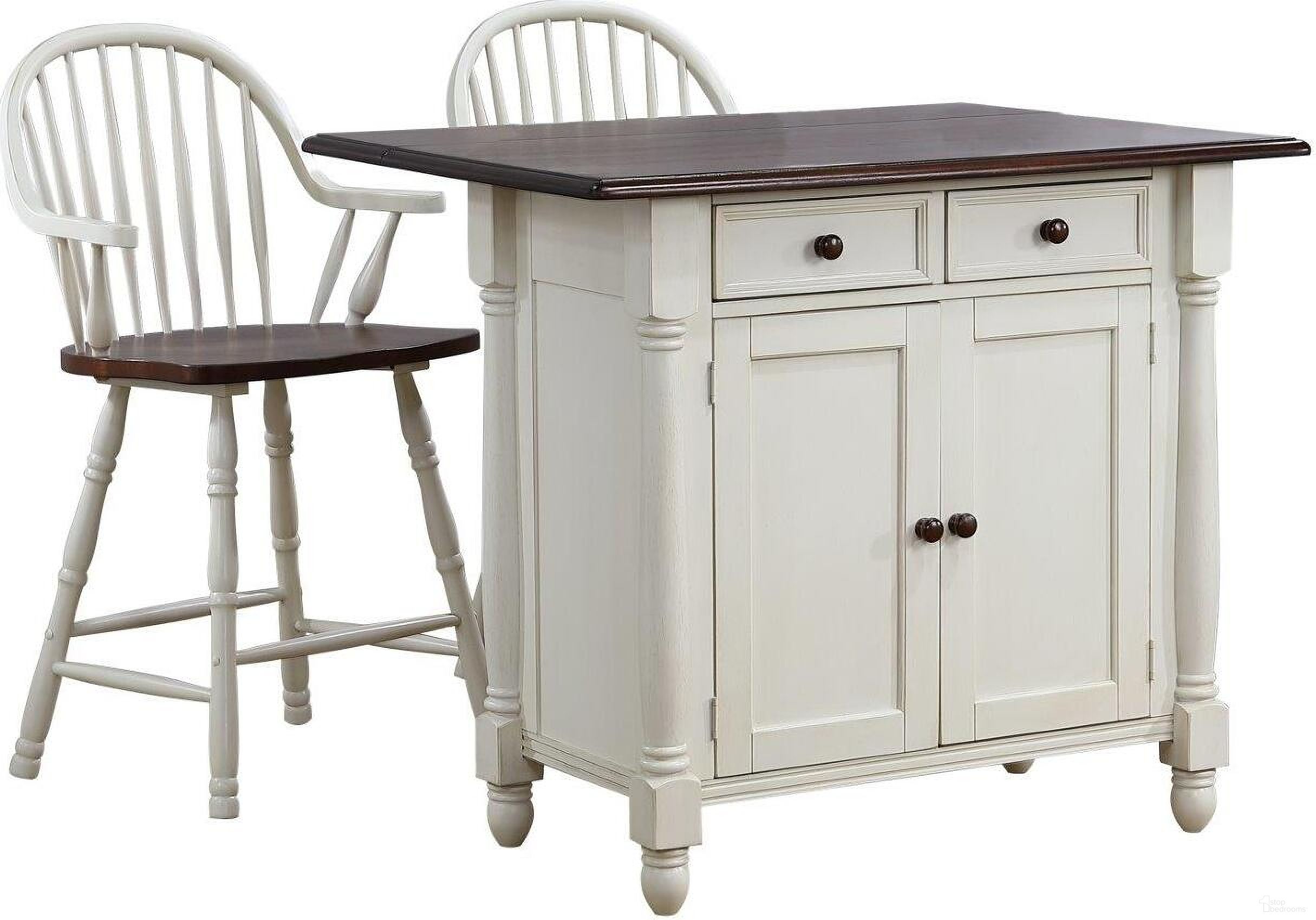 The appearance of Andrews Drawers and Cabinet Drop Leaf Kitchen Island with Counter Height Stools with Arms In Antique White and Chestnut designed by Sunset Trading in the traditional interior design. This antique white and chestnut piece of furniture was selected by 1StopBedrooms from Andrews Collection to add a touch of cosiness and style into your home. Sku: DLU-KI-4222-AW;DLU-B3024-AW-A-RTA. Material: Wood.