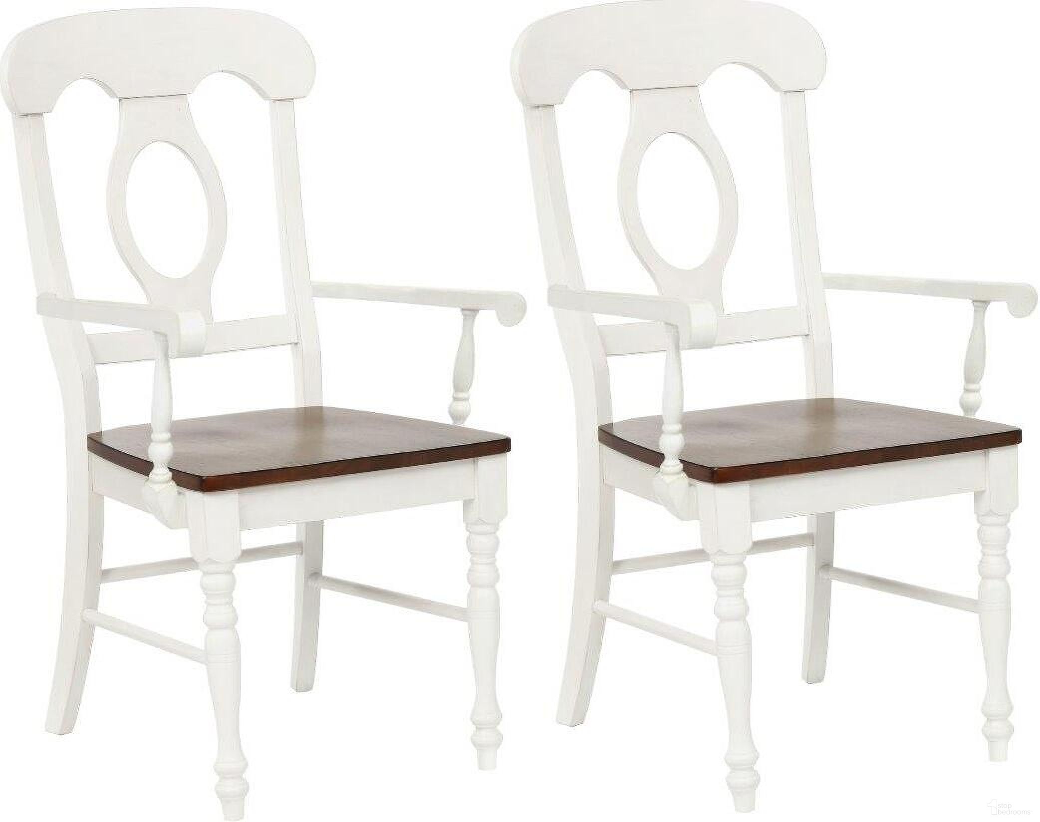 The appearance of Andrews Napoleon Arm Chair Set of 2 In Antique White and Chestnut designed by Sunset Trading in the traditional interior design. This antique white and chestnut piece of furniture  was selected by 1StopBedrooms from Andrews Collection to add a touch of cosiness and style into your home. Sku: DLU-ADW-C50A-AW-2. Material: Wood. Chair Type: Arm Chair.