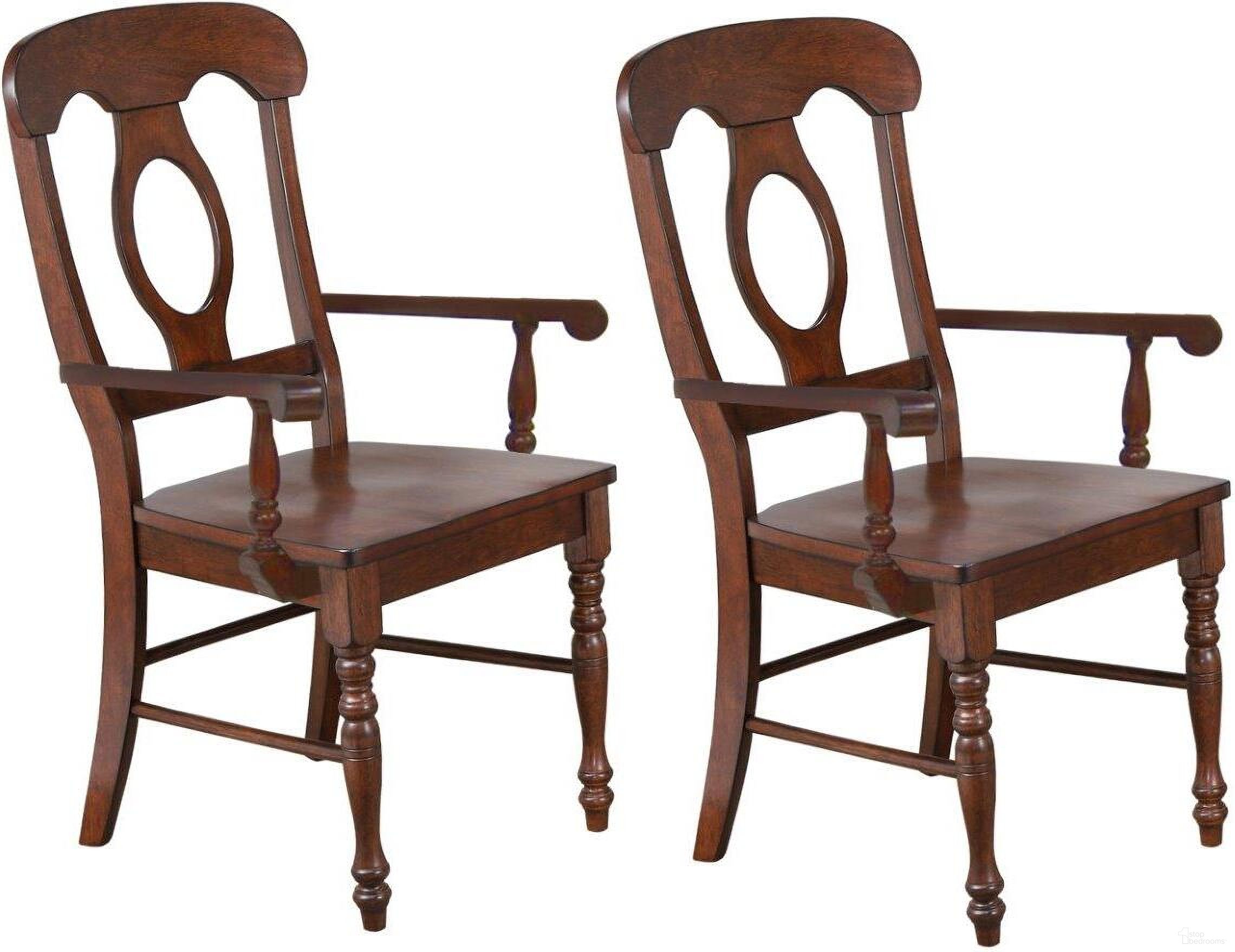 The appearance of Andrews Napoleon Arm Chair Set of 2 In Chestnut Brown designed by Sunset Trading in the traditional interior design. This chestnut brown piece of furniture  was selected by 1StopBedrooms from Andrews Collection to add a touch of cosiness and style into your home. Sku: DLU-ADW-C50A-CT-2. Material: Wood. Chair Type: Arm Chair.