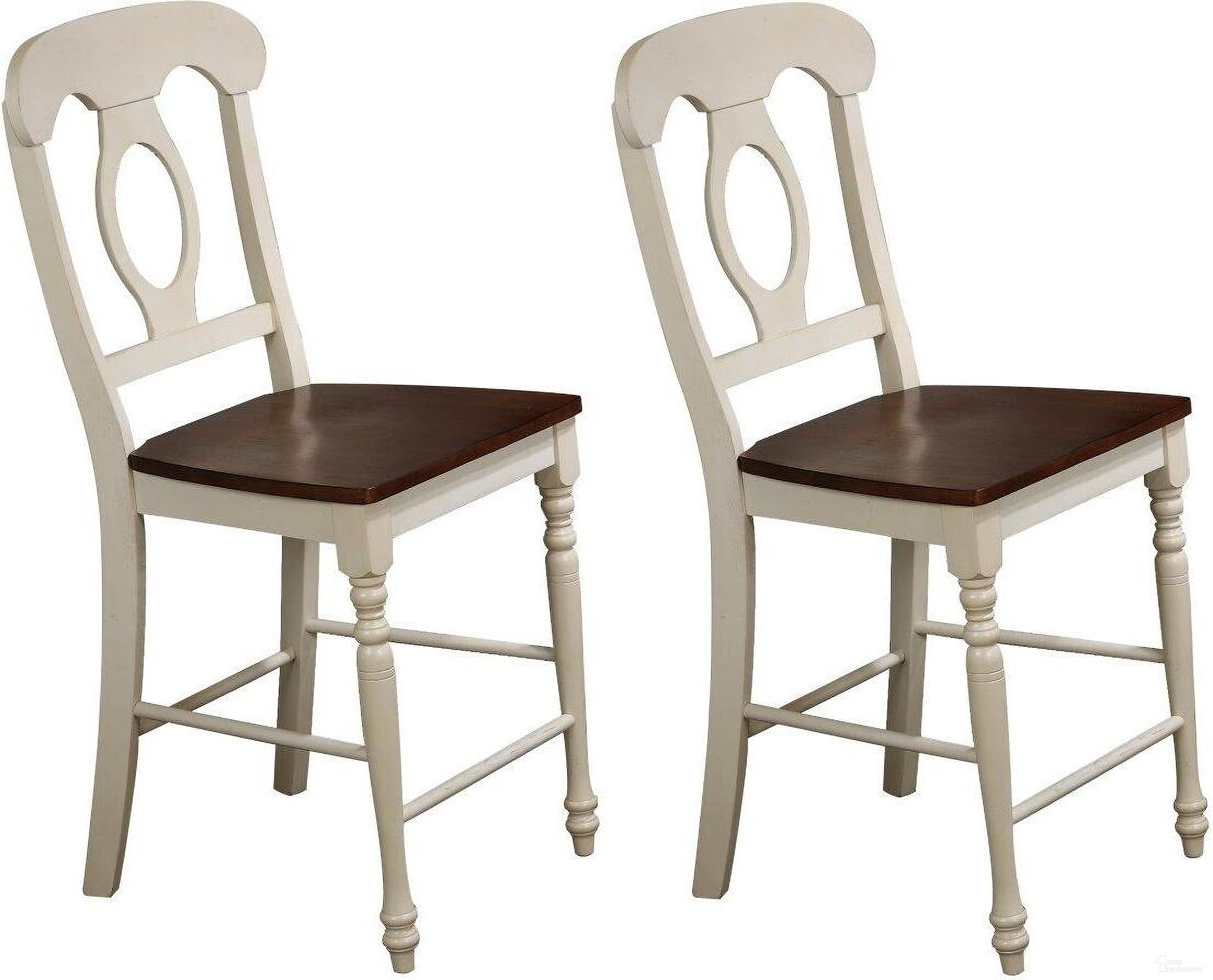 The appearance of Andrews Napoleon Barstool Set of 2 designed by Sunset Trading in the traditional interior design. This antique white and chestnut piece of furniture  was selected by 1StopBedrooms from Andrews Collection to add a touch of cosiness and style into your home. Sku: DLU-ADW-B50-AW-2. Material: Wood.