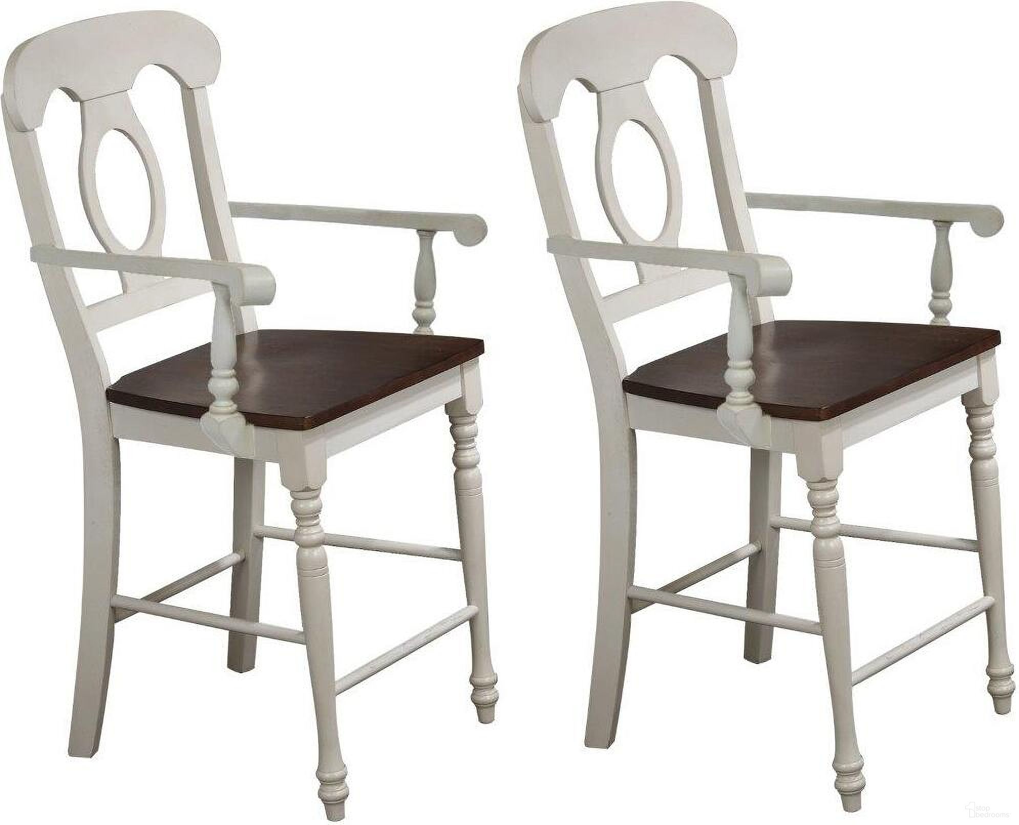 The appearance of Andrews Napoleon Barstool with Arms Set of 2 In Antique White and Chestnut designed by Sunset Trading in the traditional interior design. This antique white and chestnut piece of furniture was selected by 1StopBedrooms from Andrews Collection to add a touch of cosiness and style into your home. Sku: DLU-ADW-B50A-AW-2. Material: Wood.