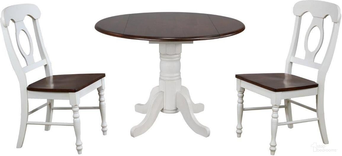 The appearance of Andrews Napoleon Chairs 3 Piece 42 Inch Round Drop Leaf Dining Set In Antique White and Chestnut designed by Sunset Trading in the traditional interior design. This antique white and chestnut piece of furniture was selected by 1StopBedrooms from Andrews Collection to add a touch of cosiness and style into your home. Sku: DLU-TPD-4242-CT-T;DLU-TPD-4242-AW-B;DLU-C50-AW-RTA. Material: Wood.