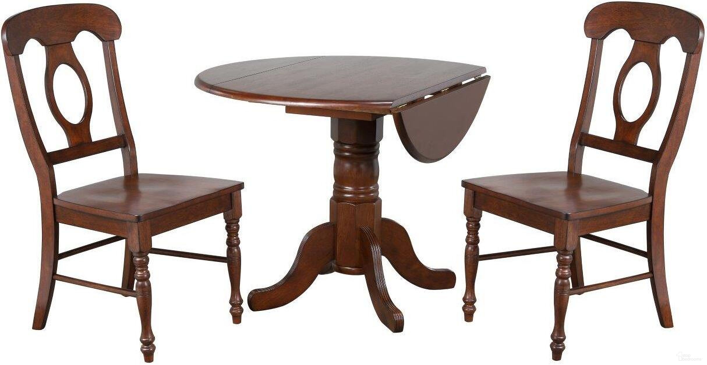 The appearance of Andrews Napoleon Chairs 3 Piece 42 Inch Round Drop Leaf Dining Set In Chestnut Brown designed by Sunset Trading in the traditional interior design. This chestnut brown piece of furniture was selected by 1StopBedrooms from Andrews Collection to add a touch of cosiness and style into your home. Sku: DLU-TPD-4242-CT-T;DLU-TPD-4242-CT-B;DLU-C50-CT-RTA. Material: Wood.