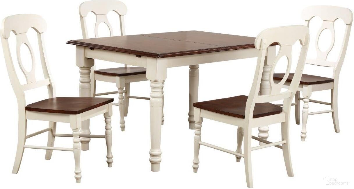 The appearance of Andrews Napoleon Chairs 5 Piece Butterfly Leaf Dining Set designed by Sunset Trading in the traditional interior design. This antique white and chestnut piece of furniture was selected by 1StopBedrooms from Andrews Collection to add a touch of cosiness and style into your home. Sku: DLU-TLB-3660-AW;DLU-ADW-C50-AW-2;DLU-ADW-C50-AW-2. Material: Wood.