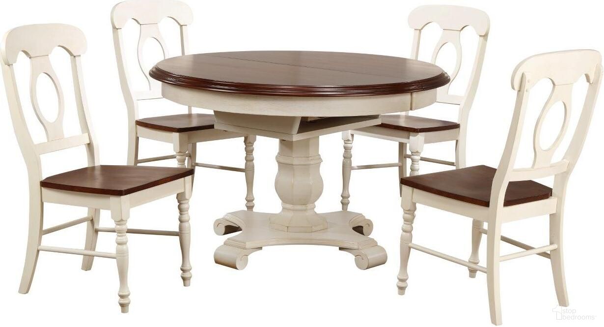 The appearance of Andrews Napoleon Chairs 5 Piece Butterfly Leaf Dining Set designed by Sunset Trading in the traditional interior design. This antique white and chestnut piece of furniture  was selected by 1StopBedrooms from Andrews Collection to add a touch of cosiness and style into your home. Sku: DLU-ADW-TPB-4866-AW-B-1;DLU-ADW-TPB-4866-AW-B-2;DLU-ADW-TPB-4866-AW-T;DLU-ADW-C50-AW-2;DLU-ADW-C50-AW-2. Material: Wood.