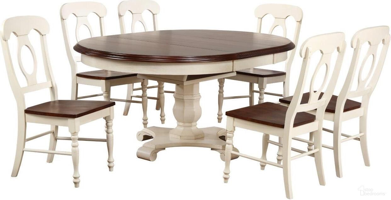 The appearance of Andrews Napoleon Chairs 7 Piece Butterfly Leaf Dining Set designed by Sunset Trading in the traditional interior design. This antique white and chestnut piece of furniture was selected by 1StopBedrooms from Andrews Collection to add a touch of cosiness and style into your home. Sku: DLU-ADW-TPB-4866-AW-B-1;DLU-ADW-TPB-4866-AW-B-2;DLU-ADW-TPB-4866-AW-T;DLU-ADW-C50-AW-2;DLU-ADW-C50-AW-2;DLU-ADW-C50-AW-2. Material: Wood.