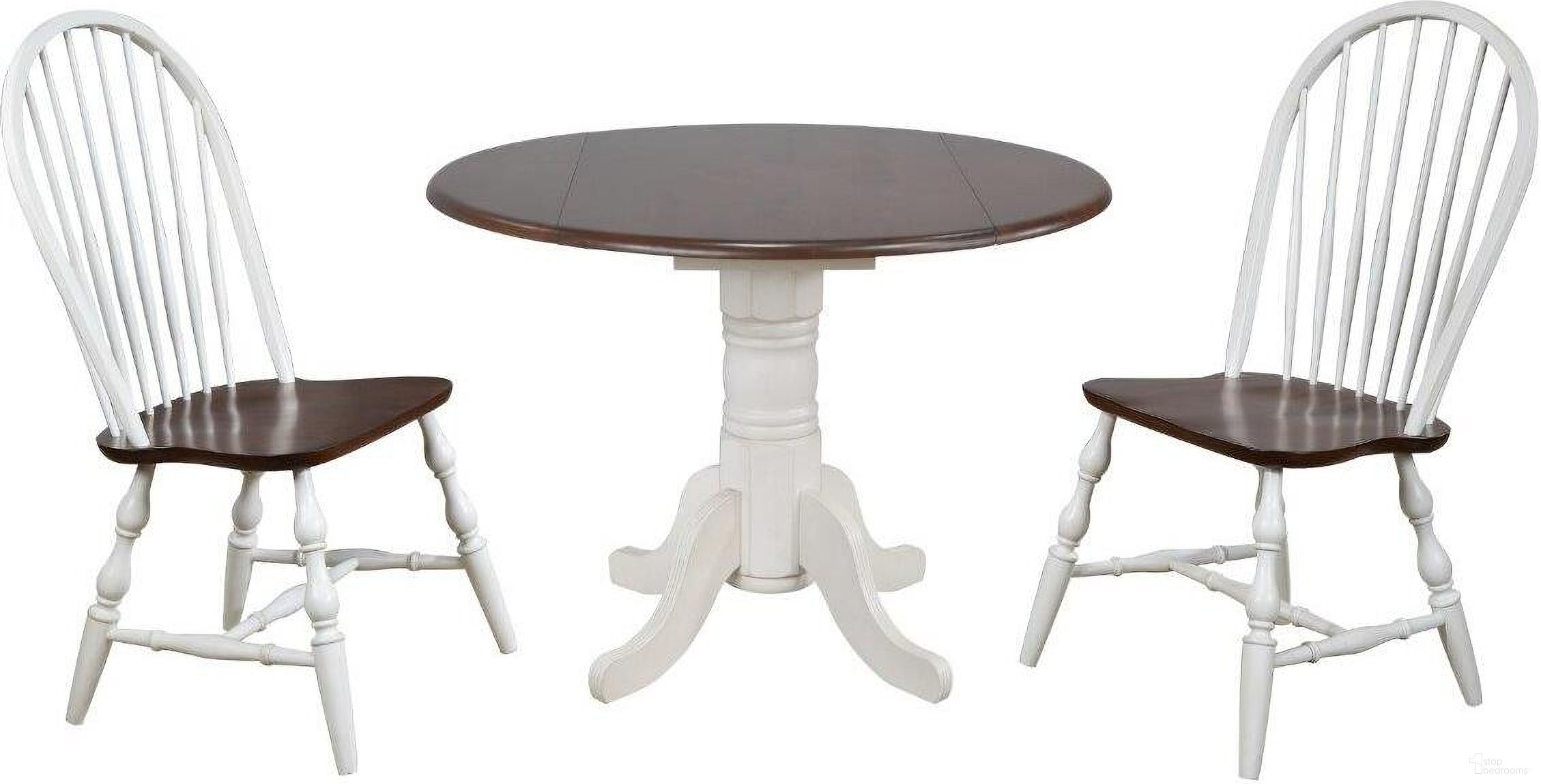 The appearance of Andrews Spindleback Chairs 3 Piece 42 Inch Round Drop Leaf Dining Set In Antique White and Chestnut designed by Sunset Trading in the traditional interior design. This antique white and chestnut piece of furniture was selected by 1StopBedrooms from Andrews Collection to add a touch of cosiness and style into your home. Sku: DLU-TPD-4242-CT-T;DLU-TPD-4242-AW-B;DLU-C30-AW. Material: Wood.