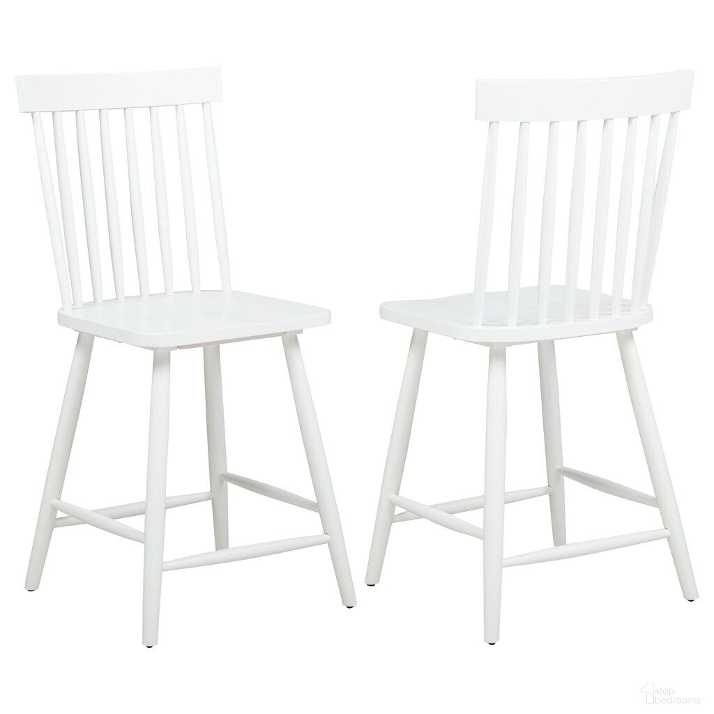 The appearance of Andrews Windsor Counter Height Dining Side Chair Set of 2 In White designed by Coaster in the transitional interior design. This white piece of furniture was selected by 1StopBedrooms from Andrews Collection to add a touch of cosiness and style into your home. Sku: 122509WHT. Material: Rubberwood.