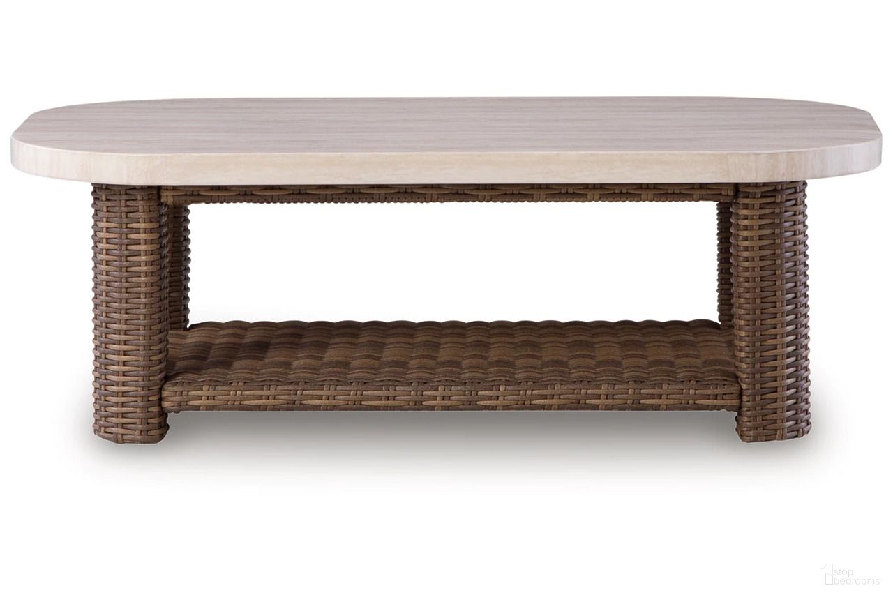 The appearance of Angel Island Outdoor Coffee Table In Brown and Beige designed by Signature Design by Ashley in the transitional interior design. This brown and beige piece of furniture was selected by 1StopBedrooms from Angel Island Collection to add a touch of cosiness and style into your home. Sku: P610-701. Material: Aluminium.