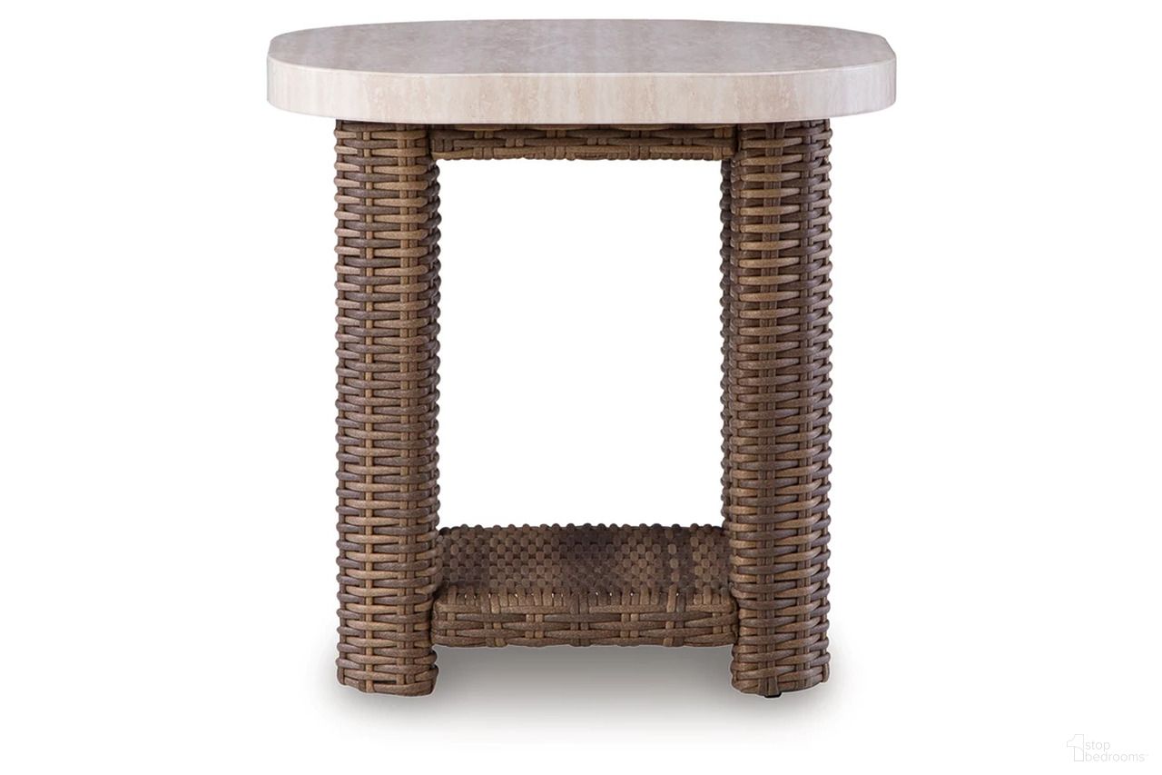 The appearance of Angel Island Outdoor End Table In Beige and Brown designed by Signature Design by Ashley in the transitional interior design. This beige and brown piece of furniture was selected by 1StopBedrooms from Angel Island Collection to add a touch of cosiness and style into your home. Sku: P610-702. Material: Aluminum.