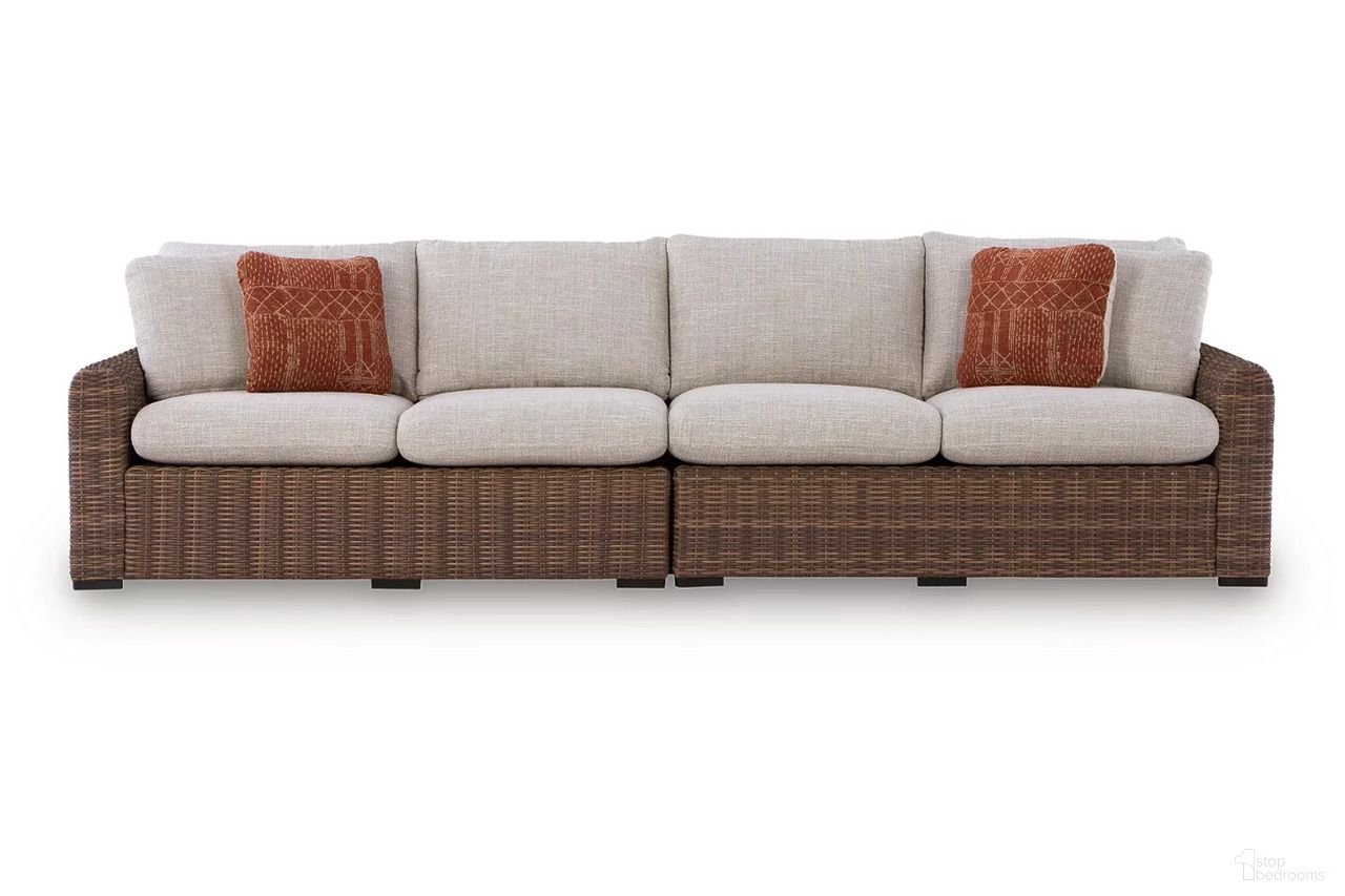 The appearance of Angel Island Outdoor Right and Left-arm Facing Loveseat with Cushion Set of 2 In Brown and Beige designed by Signature Design by Ashley in the transitional interior design. This brown and beige piece of furniture was selected by 1StopBedrooms from Angel Island Collection to add a touch of cosiness and style into your home. Sku: P610-854. Material: Fabric.