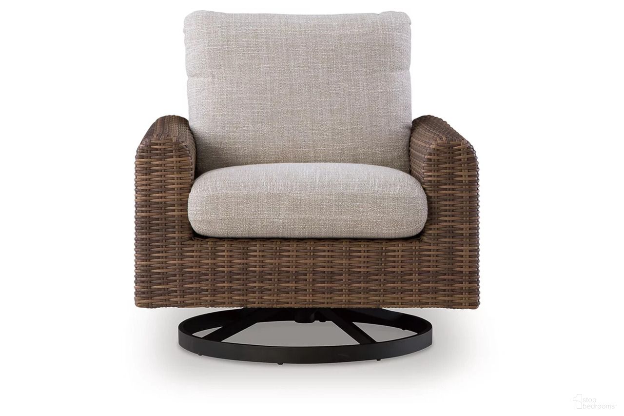 The appearance of Angel Island Outdoor Swivel Lounge Chair with Cushion In Gray and Brown designed by Signature Design by Ashley in the transitional interior design. This gray/brown piece of furniture  was selected by 1StopBedrooms from Angel Island Collection to add a touch of cosiness and style into your home. Sku: P610-821. Material: Polyester.