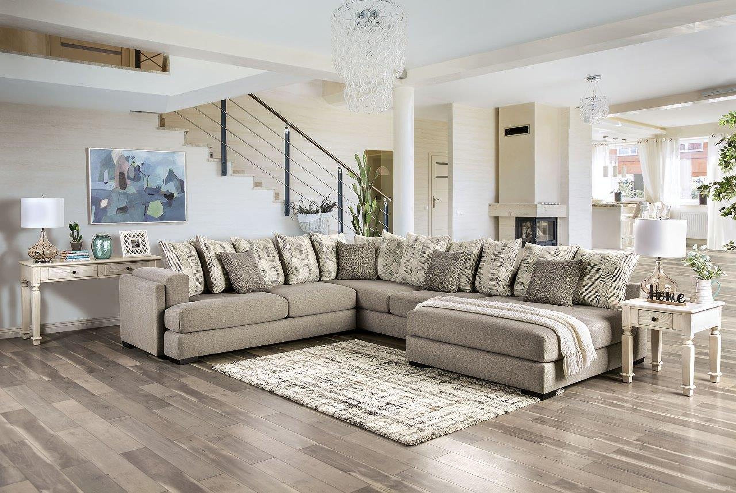 The appearance of Angelia Sectional In Light Gray designed by Furniture of America in the transitional interior design. This light gray piece of furniture  was selected by 1StopBedrooms from Angelia Collection to add a touch of cosiness and style into your home. Sku: SM5182-1;SM5182-2;SM5182-3. Material: Chenille. Layout: U-Shape.