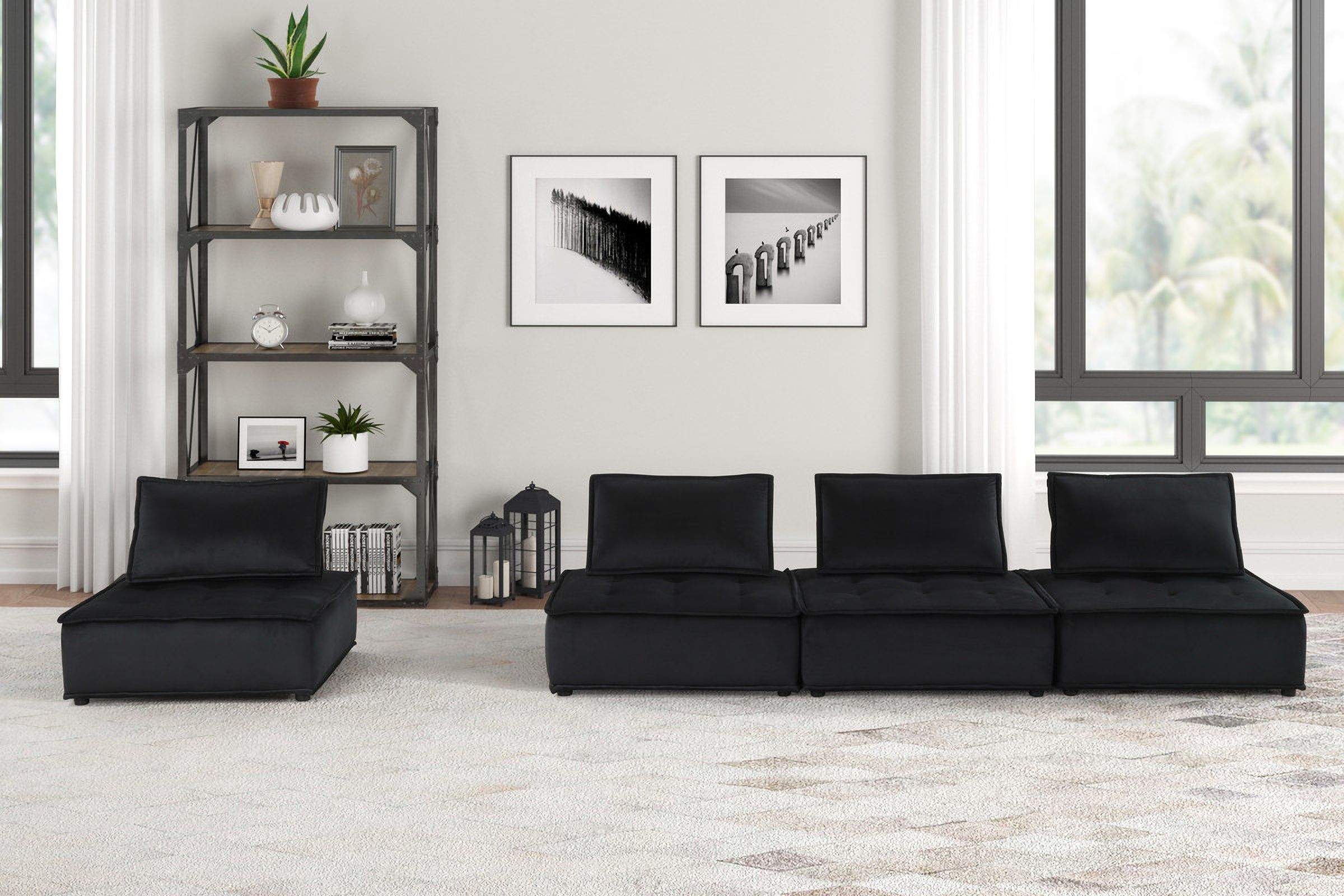 The appearance of Anna 120 Inch Velvet 4 Piece Modular Sofa In Black designed by Lilola Home in the modern / contemporary interior design. This black piece of furniture was selected by 1StopBedrooms from Anna Collection to add a touch of cosiness and style into your home. Sku: 81402;81402;81402;81402. Material: Fabric.