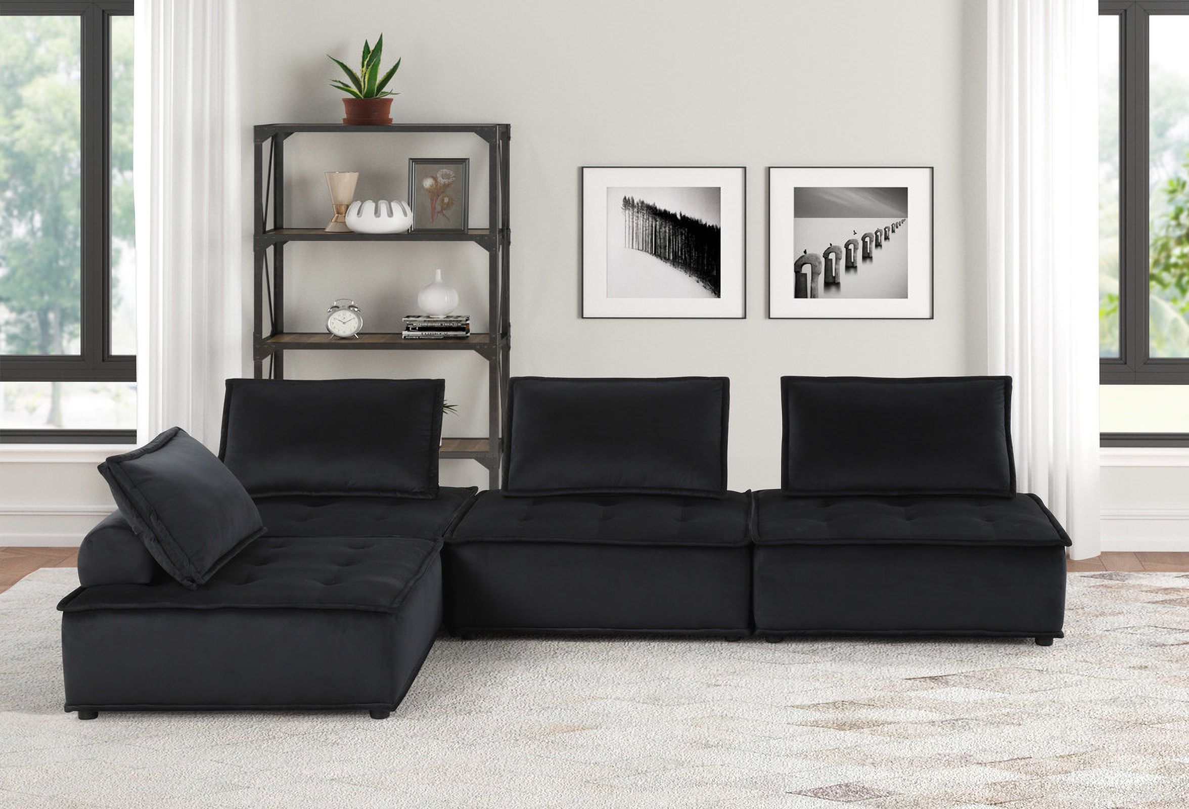 The appearance of Anna 120 Inch Velvet 4 Piece Sectional Sofa In Black designed by Lilola Home in the modern / contemporary interior design. This black piece of furniture was selected by 1StopBedrooms from Anna Collection to add a touch of cosiness and style into your home. Sku: 81402;81402;81402;81402. Material: Velvet.