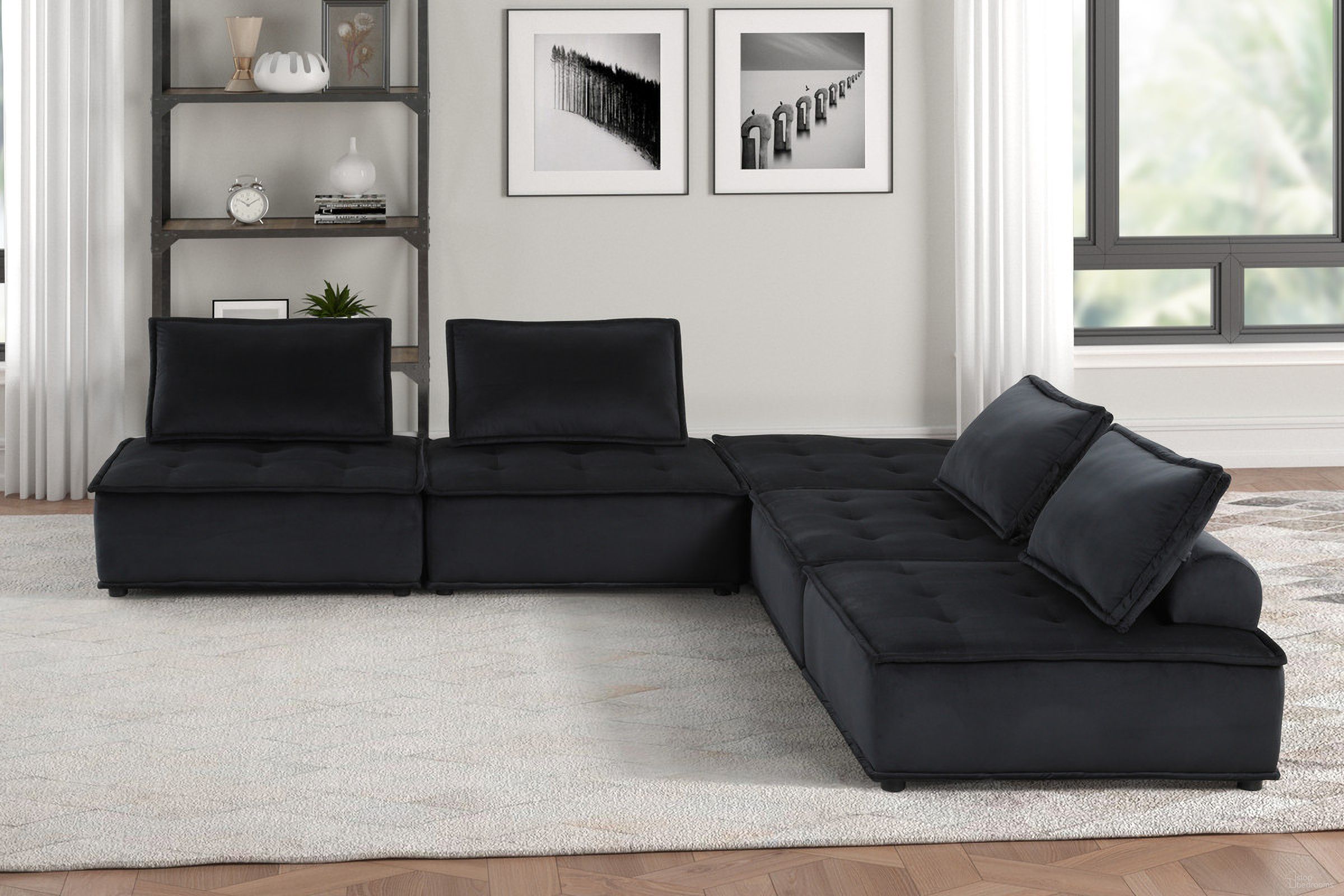 The appearance of Anna 120 Inch Velvet 5 Piece Sectional Sofa In Black designed by Lilola Home in the modern / contemporary interior design. This black piece of furniture was selected by 1StopBedrooms from Anna Collection to add a touch of cosiness and style into your home. Sku: 81402;81402;81402;81402;81402. Material: Velvet.