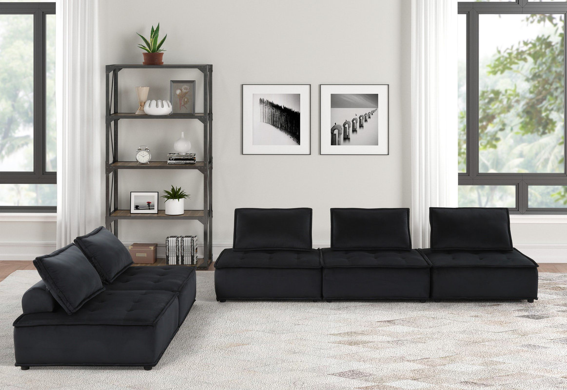 Anna 120 Inch Velvet 5 Piece Sofa and Loveseat In Black