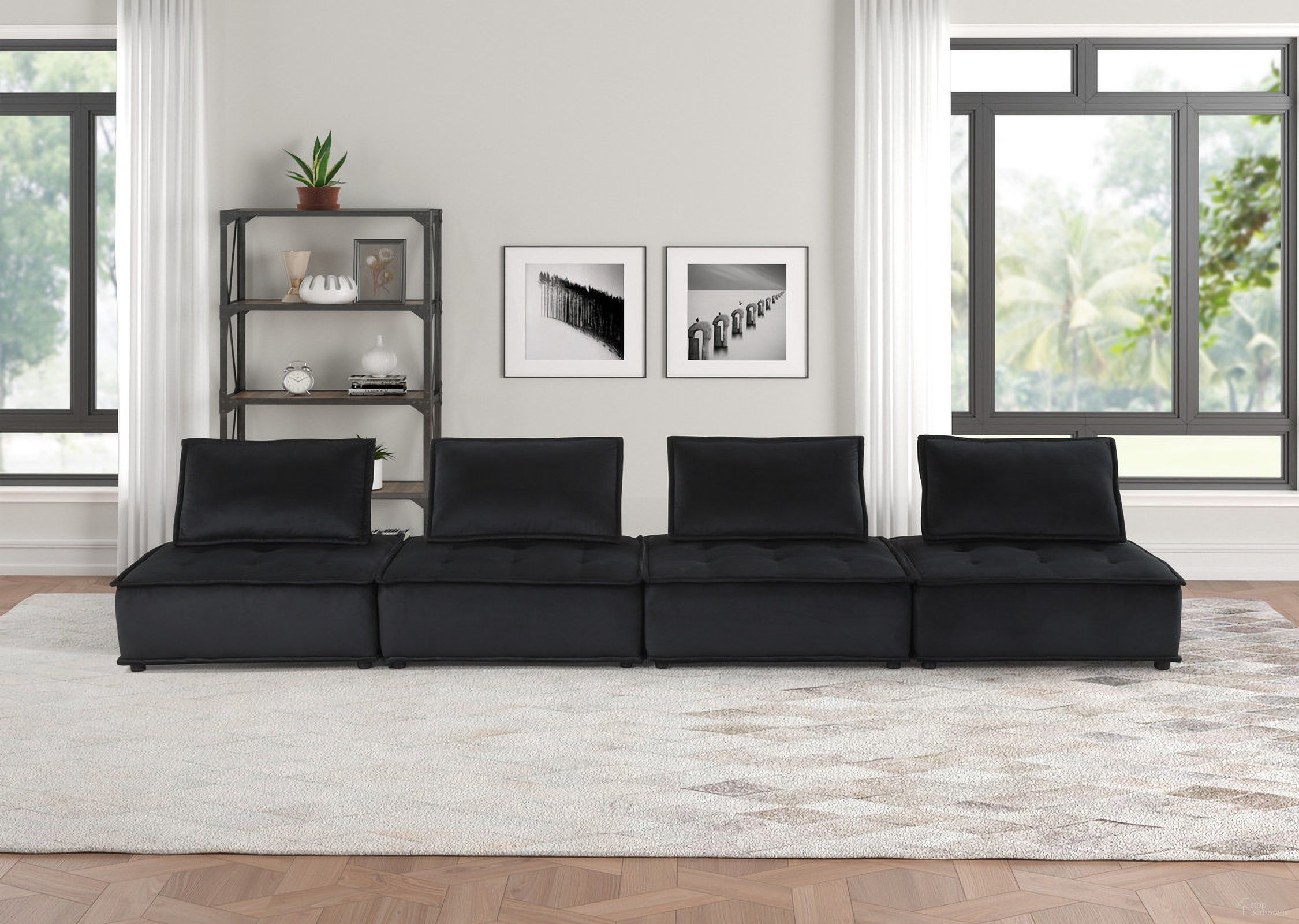 The appearance of Anna 160 Inch Velvet 4 Seater Modular Sofa In Black designed by Lilola Home in the modern / contemporary interior design. This black piece of furniture was selected by 1StopBedrooms from Anna Collection to add a touch of cosiness and style into your home. Sku: 81402;81402;81402;81402. Material: Fabric.