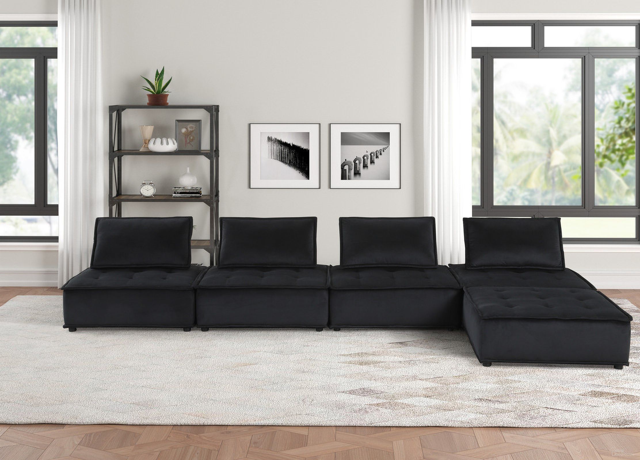 The appearance of Anna 160 Inch Velvet 5 Piece Sectional Sofa Ottoman In Black designed by Lilola Home in the modern / contemporary interior design. This black piece of furniture was selected by 1StopBedrooms from Anna Collection to add a touch of cosiness and style into your home. Sku: 81402;81402;81402;81402;81402. Material: Velvet.