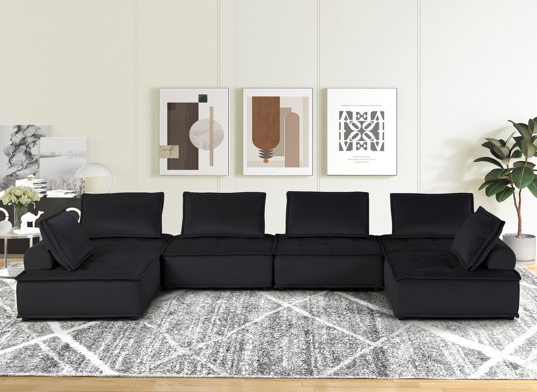 The appearance of Anna 160 Inch Velvet 6 Seater U Shape Modular Sectional Sofa In Black designed by Lilola Home in the modern / contemporary interior design. This black piece of furniture was selected by 1StopBedrooms from Anna Collection to add a touch of cosiness and style into your home. Sku: 81402;81402;81402;81402;81402;81402. Material: Velvet.