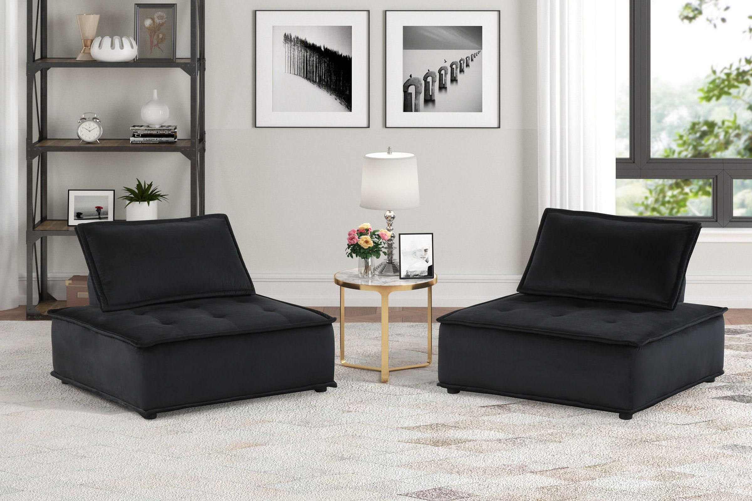 The appearance of Anna 40 Inch Velvet Armless Lounge Chair Set of 2 In Black designed by Lilola Home in the modern / contemporary interior design. This black piece of furniture was selected by 1StopBedrooms from Anna Collection to add a touch of cosiness and style into your home. Sku: 81402;81402. Material: Fabric.