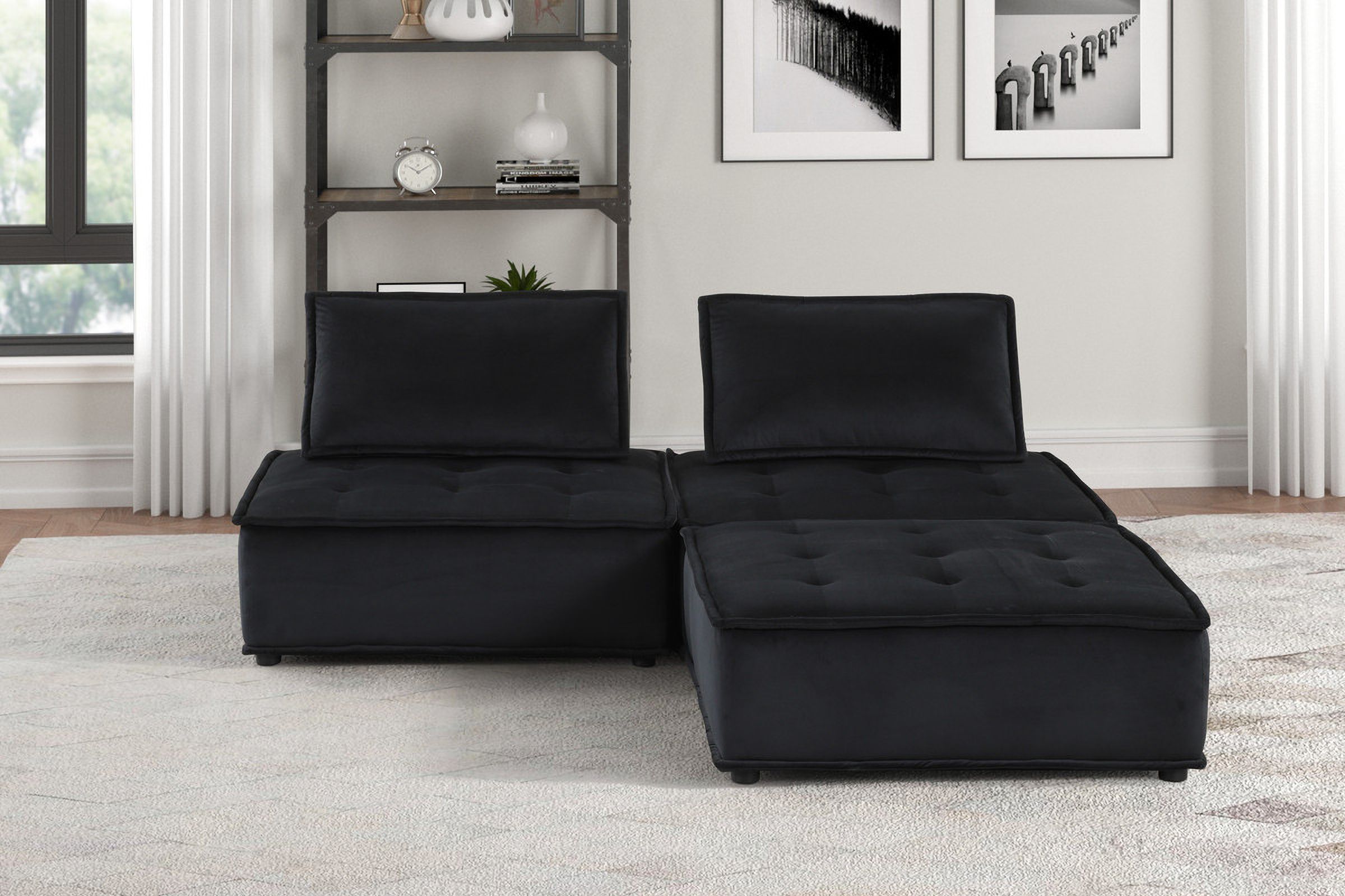 The appearance of Anna 80 Inch Velvet 3 Piece Sectional Sofa Ottoman In Black designed by Lilola Home in the modern / contemporary interior design. This black piece of furniture was selected by 1StopBedrooms from Anna Collection to add a touch of cosiness and style into your home. Sku: 81402;81402;81402. Material: Velvet.