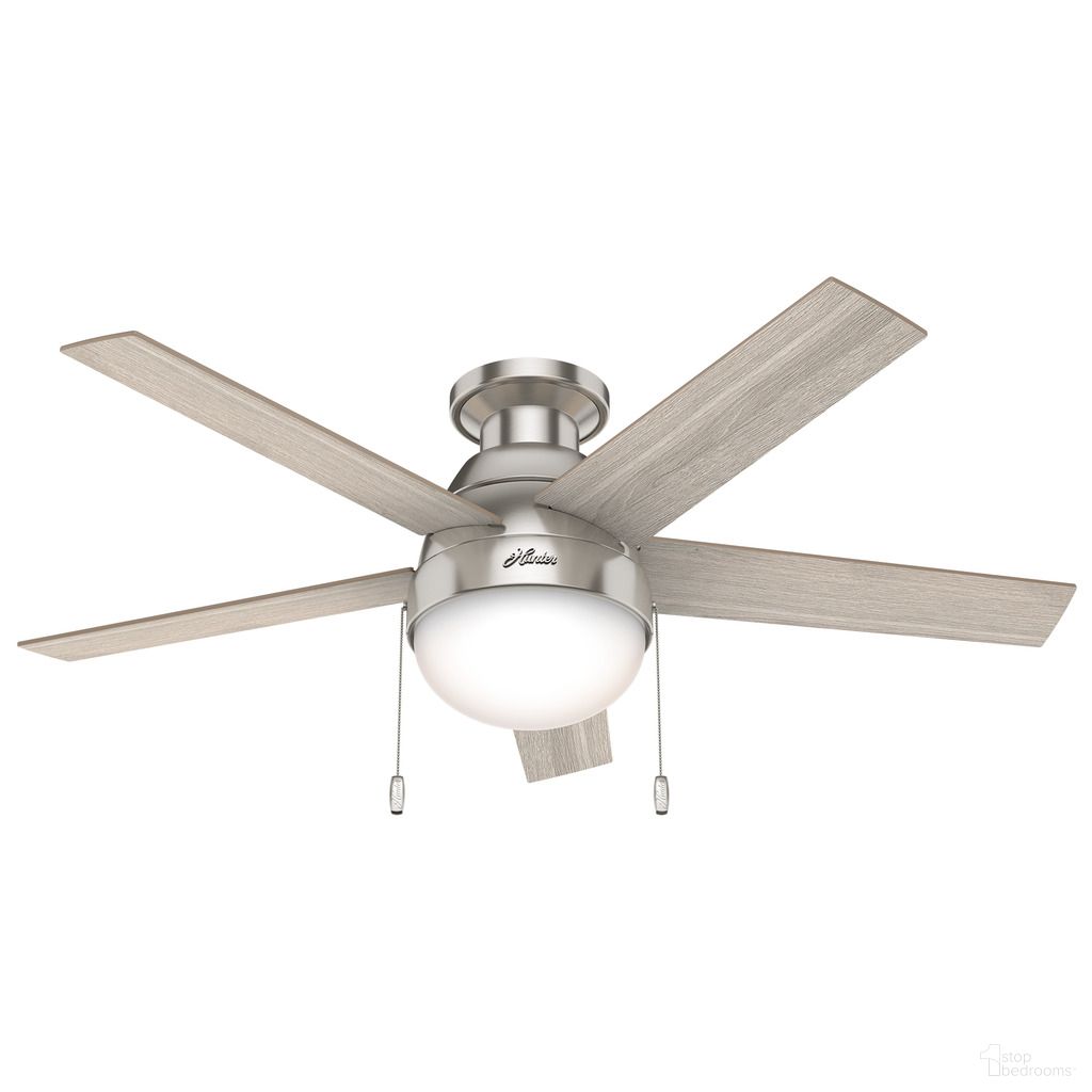 Anslee 46 Inch Low Profile Ceiling Fan with LED Light Kit and Pull Chain In Brushed Nickel and Light Gray Oak