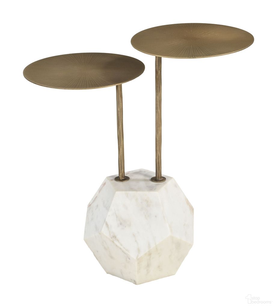 The appearance of Anten Side Table In Brass and White designed by Zuo Modern in the modern / contemporary interior design. This white/brass piece of furniture  was selected by 1StopBedrooms from Anten Collection to add a touch of cosiness and style into your home. Sku: 110607. Material: Marble.