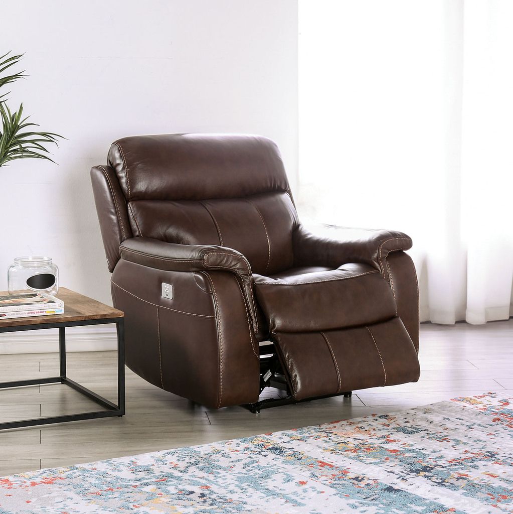 The appearance of Antenor Power Recliner In Brown designed by Furniture of America in the transitional interior design. This brown piece of furniture was selected by 1StopBedrooms from Antenor Collection to add a touch of cosiness and style into your home. Sku: CM9926MB-CH-PM. Material: Leather Match.