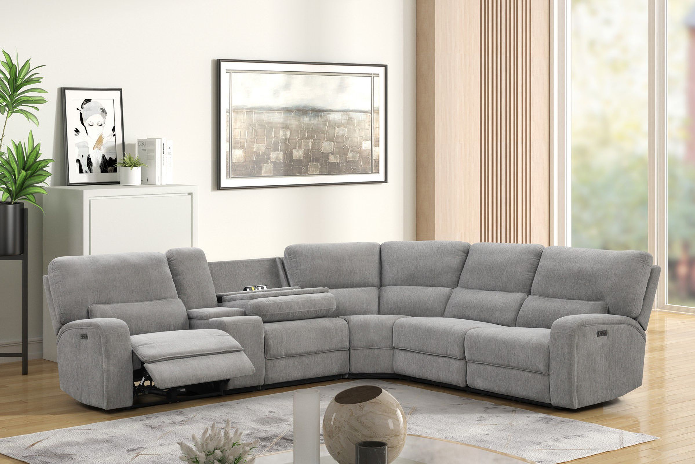 The appearance of Anthony Wide Chenille Fabric Power Reclining Sectional with Power Headrest and Storage Cupholders In Light Gray designed by Lilola Home in the modern / contemporary interior design. This light gray piece of furniture was selected by 1StopBedrooms from Anthony Collection to add a touch of cosiness and style into your home. Sku: 81610-LRP;81610-AP;81610-W;81610-CUSB;81610-RRP;81610-ARD. Material: Chenille.