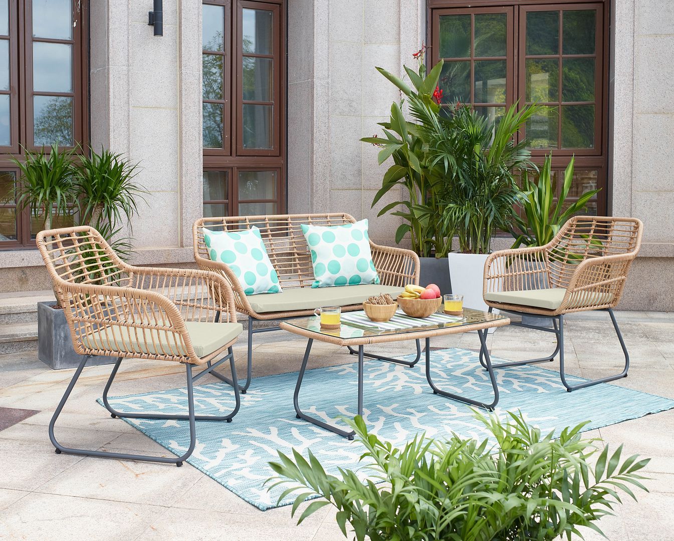 The appearance of Antibes 2.0 Steel Rattan 4-Piece Patio Conversation Set With Cushions In Cream designed by Manhattan Comfort in the modern / contemporary interior design. This tan and cream piece of furniture  was selected by 1StopBedrooms from Antibes 2.0 Collection to add a touch of cosiness and style into your home. Sku: OD-CV011-CR. Material: Steel.