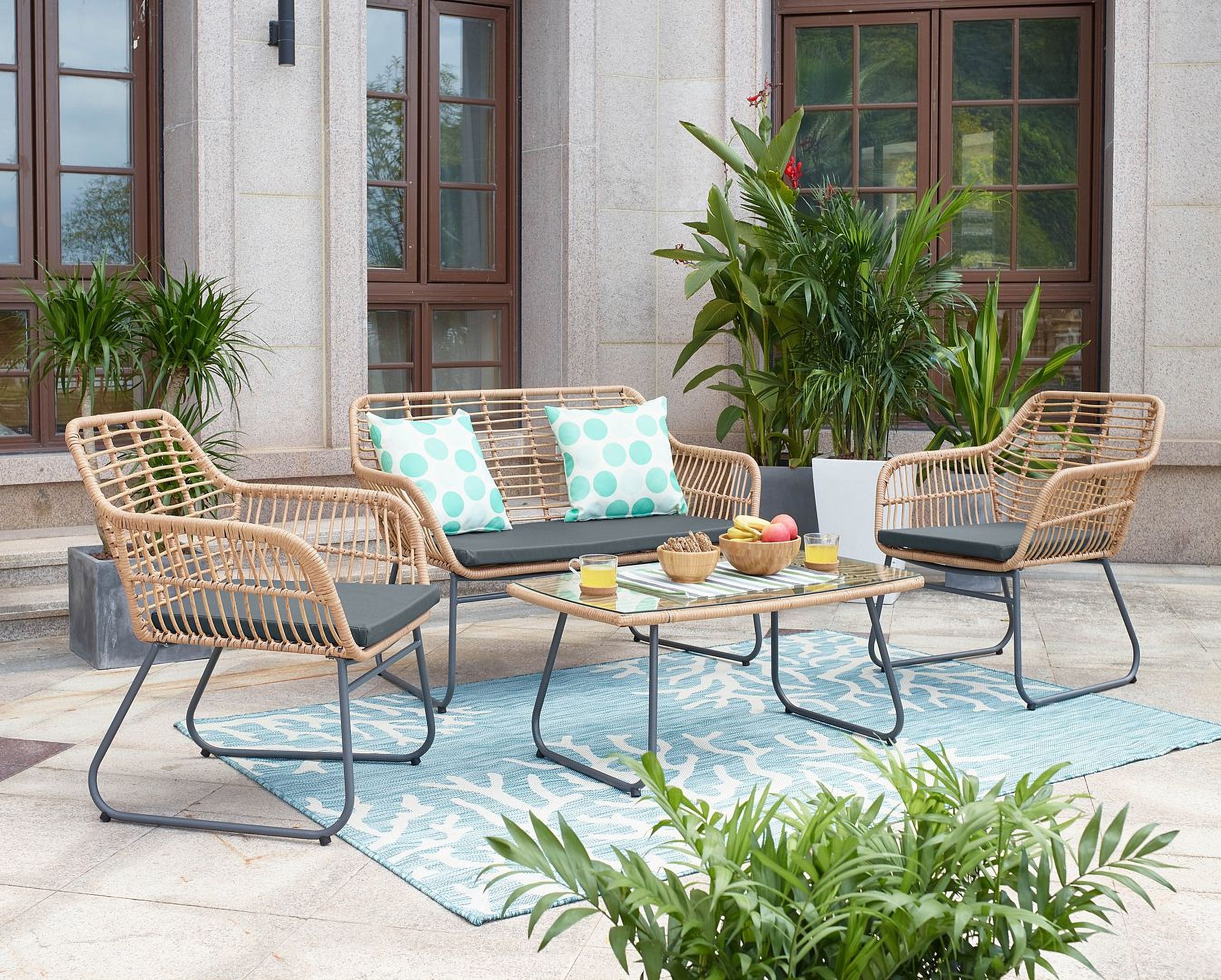 The appearance of Antibes 2.0 Steel Rattan 4-Piece Patio Conversation Set With Cushions In Grey designed by Manhattan Comfort in the modern / contemporary interior design. This grey piece of furniture  was selected by 1StopBedrooms from Antibes 2.0 Collection to add a touch of cosiness and style into your home. Sku: OD-CV011-GY. Material: Steel.