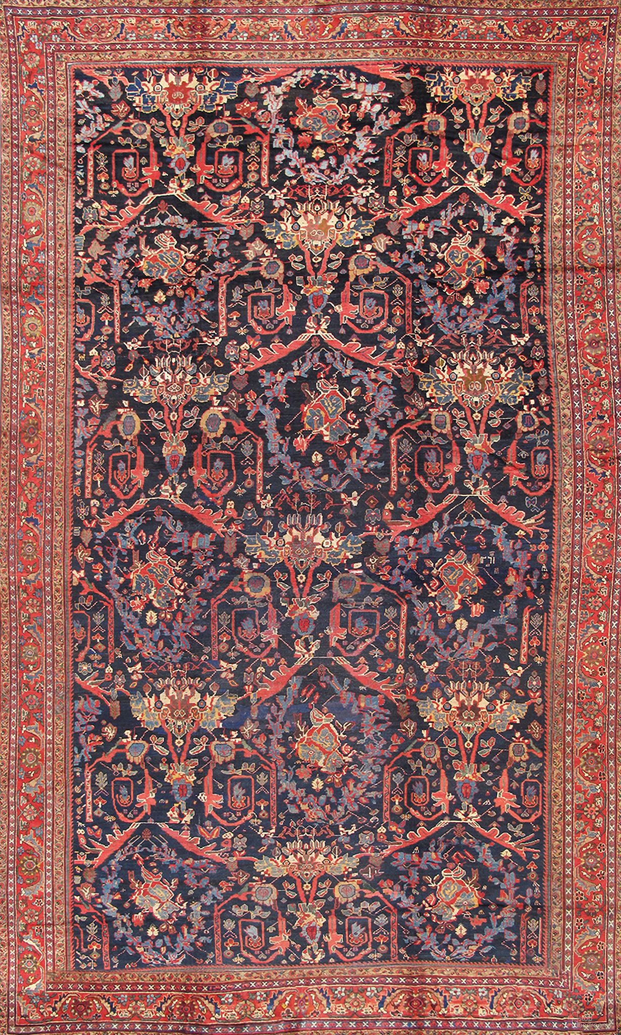 Antique Melody Colletion Hand-Knotted Lamb's Wool Area Rug- 11' 6" x 18' 6" In Red and Navy