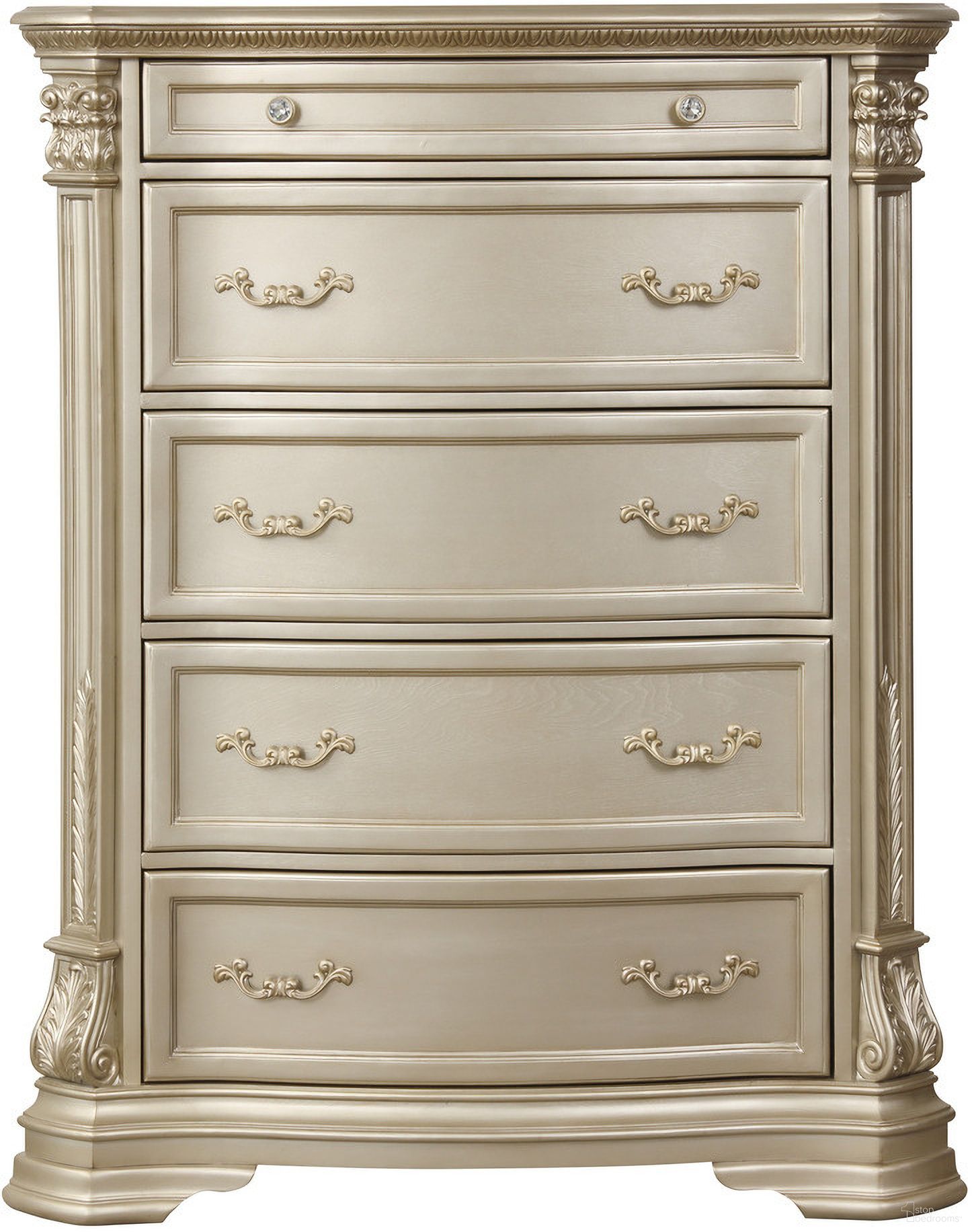 The appearance of Antoinetta Chest In Gold and Silver designed by Homelegance in the traditional interior design. This gold and silver piece of furniture  was selected by 1StopBedrooms from Antoinetta Collection to add a touch of cosiness and style into your home. Sku: 1919NC-9. Material: Wood.