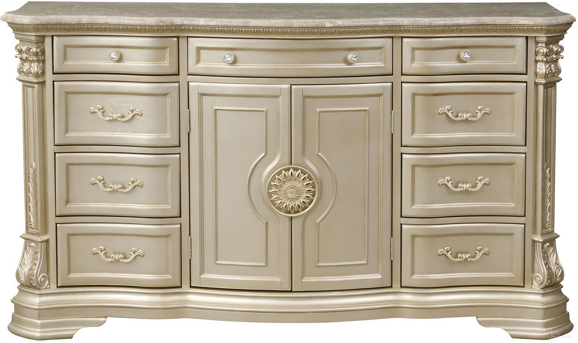 The appearance of Antoinetta Dresser with Marble Top In Gold and Silver designed by Homelegance in the traditional interior design. This gold and silver piece of furniture  was selected by 1StopBedrooms from Antoinetta Collection to add a touch of cosiness and style into your home. Sku: 1919NC-5. Material: Wood.