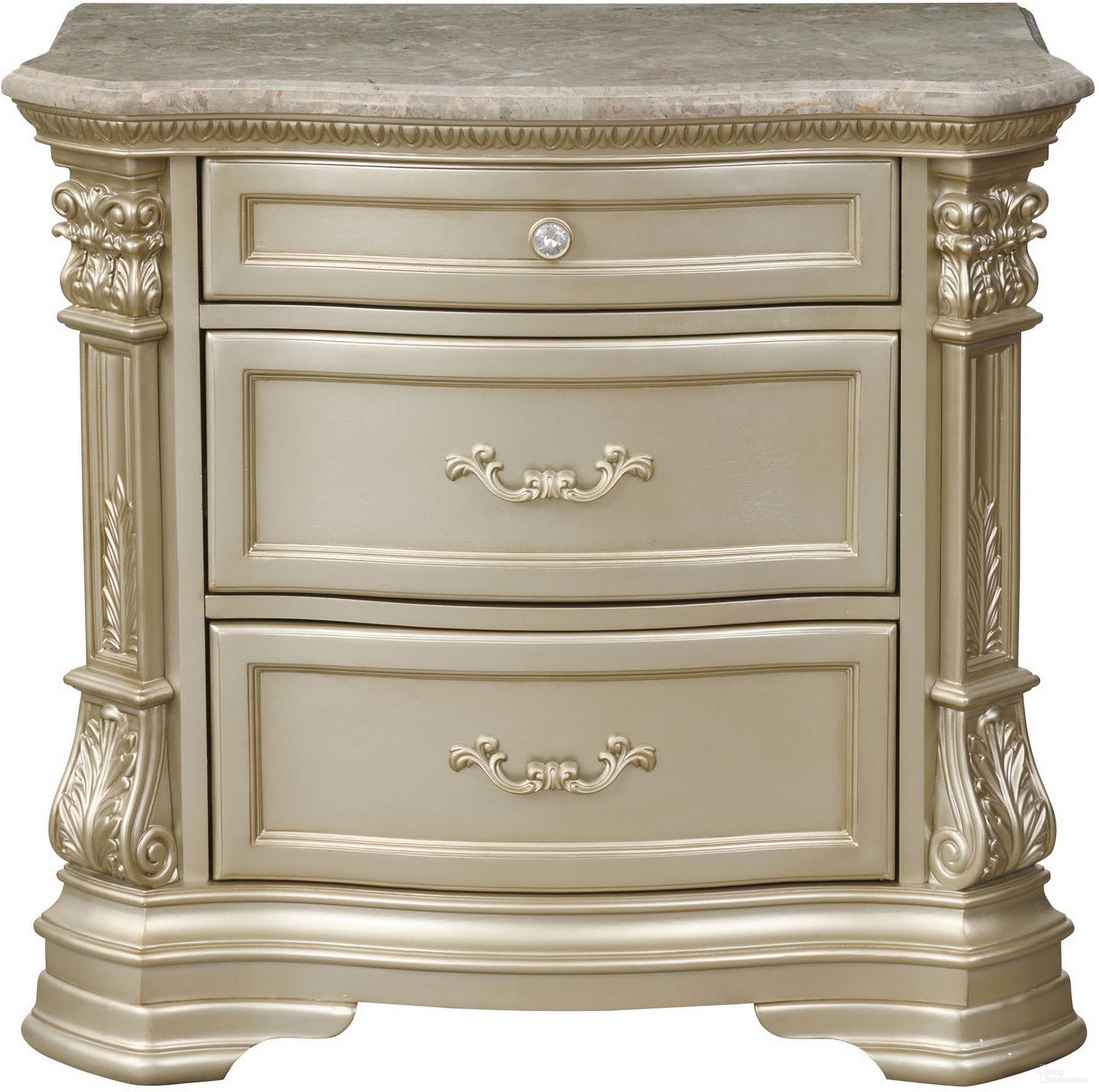 The appearance of Antoinetta Nightstand with Marble Top In Gold and Silver designed by Homelegance in the traditional interior design. This gold and silver piece of furniture was selected by 1StopBedrooms from Antoinetta Collection to add a touch of cosiness and style into your home. Sku: 1919NC-4. Material: Wood.