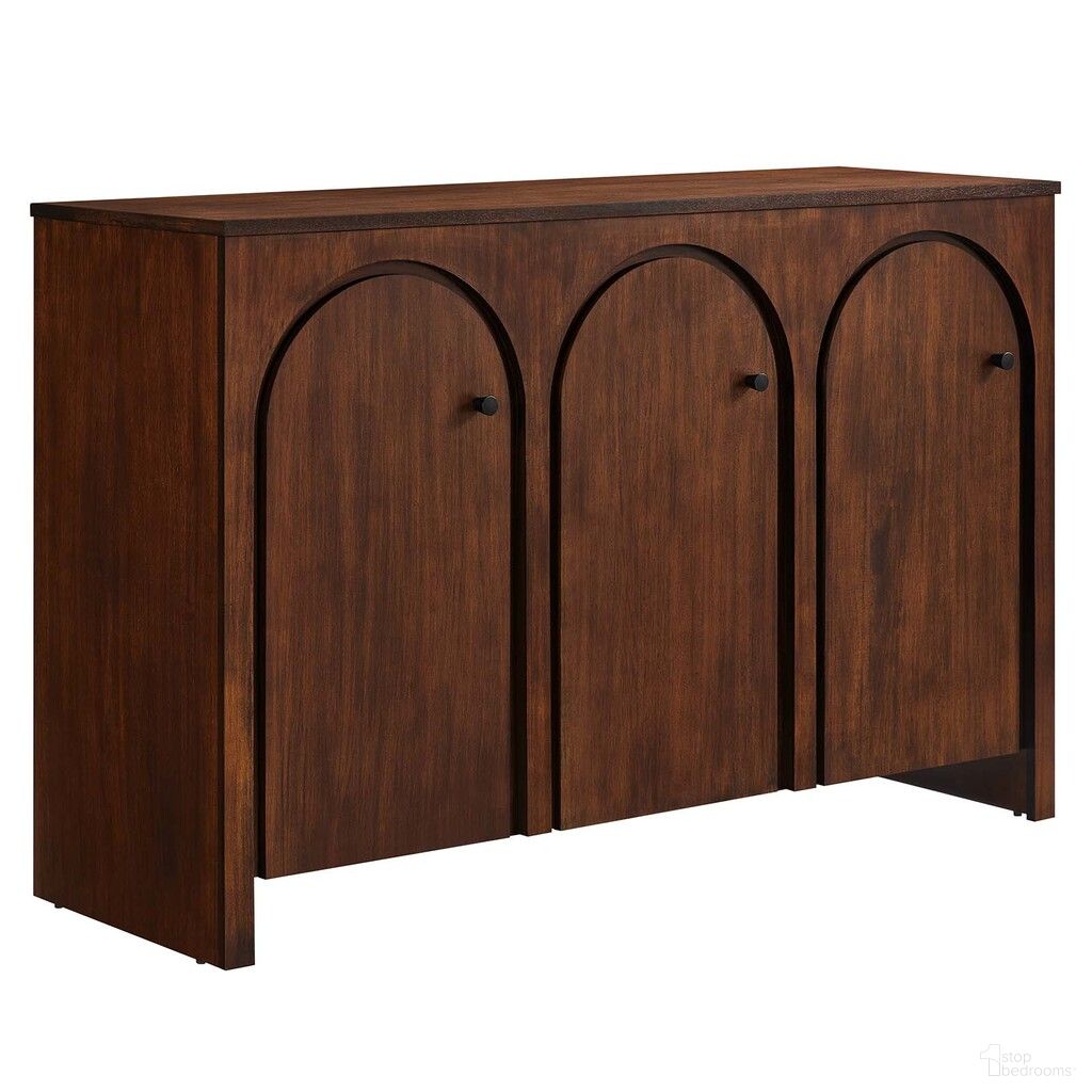 The appearance of Appia 3 Arched Door Sideboard Storage Cabinet In Walnut designed by Modway in the modern / contemporary interior design. This walnut piece of furniture  was selected by 1StopBedrooms from Appia Collection to add a touch of cosiness and style into your home. Sku: EEI-6536-WAL. Material: Wood.