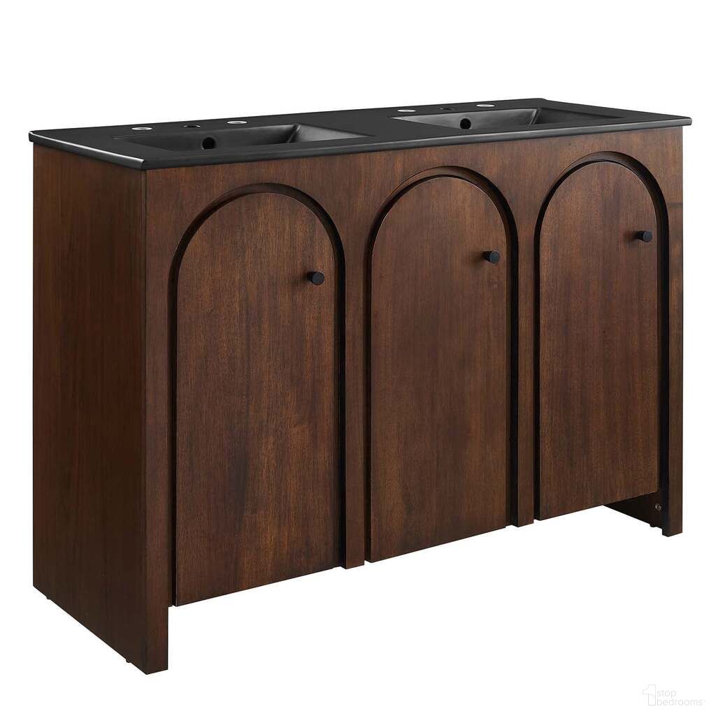 The appearance of Appia 48 Inch Double Sink Bathroom Vanity In Walnut and Black designed by Modway in the modern / contemporary interior design. This walnut and black piece of furniture was selected by 1StopBedrooms from Appia Collection to add a touch of cosiness and style into your home. Sku: EEI-5073-BLK;EEI-6541-WAL. Material: Wood.